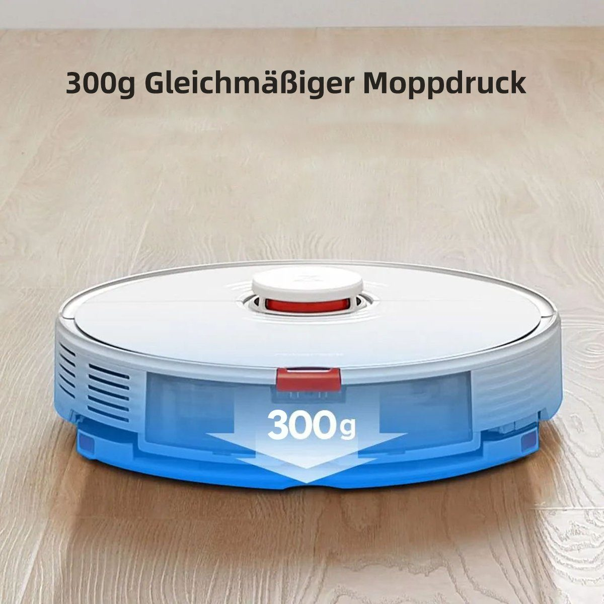 Weiß-blauer Roboter-Staubsauger auf Holzboden. Text: 300g Gleichmäßiger Moppdruck.