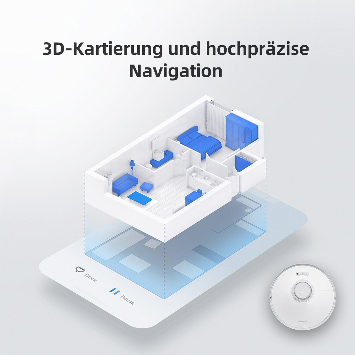 Eine Illustration eines Raumlayouts, angezeigt auf einem Tablet mit einem Roboterstaubsauger darunter. Zeigt 3D-Mapping.