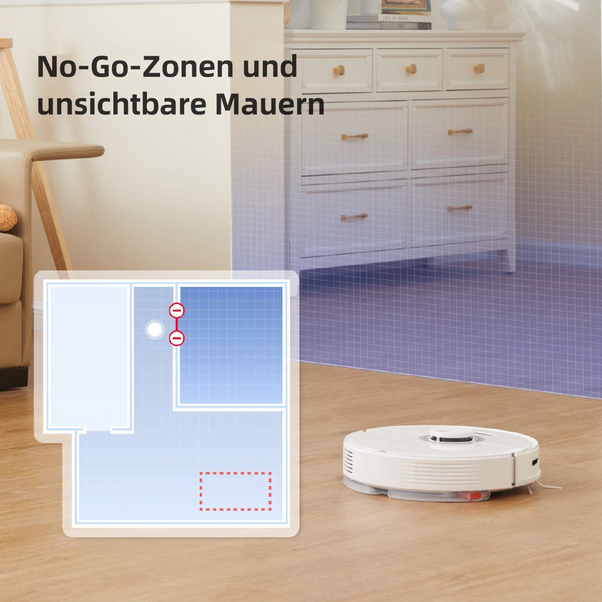 Un aspirapolvere robotico su un pavimento in legno, con un diagramma che mostra la planimetria della stanza e le zone vietate.