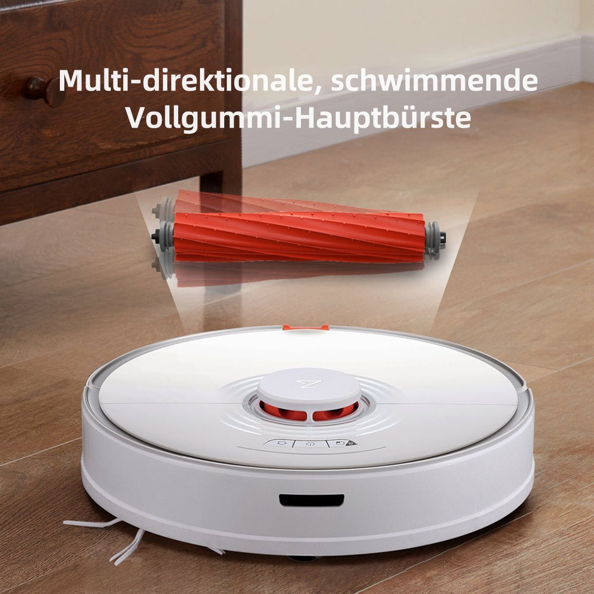 Ein weißer Roboter-Staubsauger mit roter Bürste. Im Hintergrund ist eine Holzkommode.