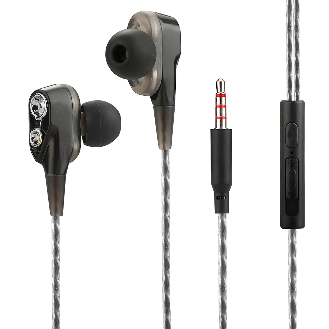 Cuffie in-ear nere con cavi argentati e un modulo di controllo.