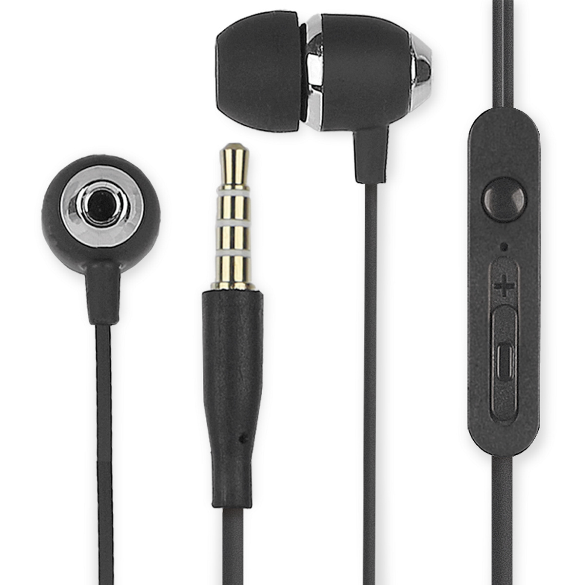 Auricolari neri con microfono, sfondo bianco.