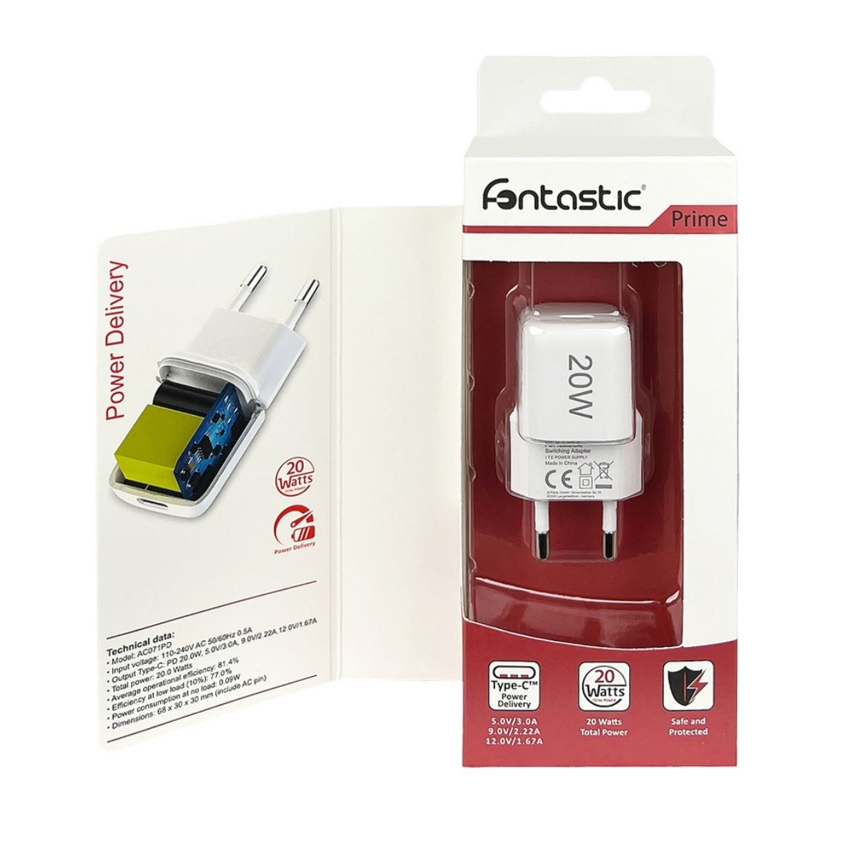 Eine weiße Netzteilbox, geöffnet, mit einem 20W USB-C Ladegerät. Die Box enthält Informationen.
