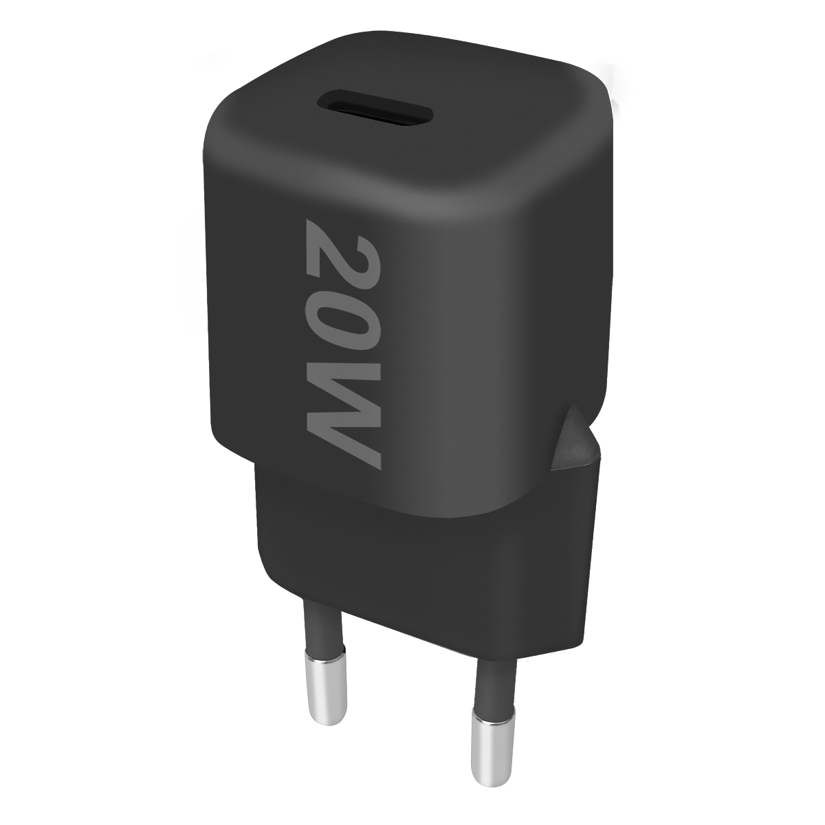 Schwarzes Telefonladegerät mit 20W-Aufdruck. Es hat zwei silberne Stifte.