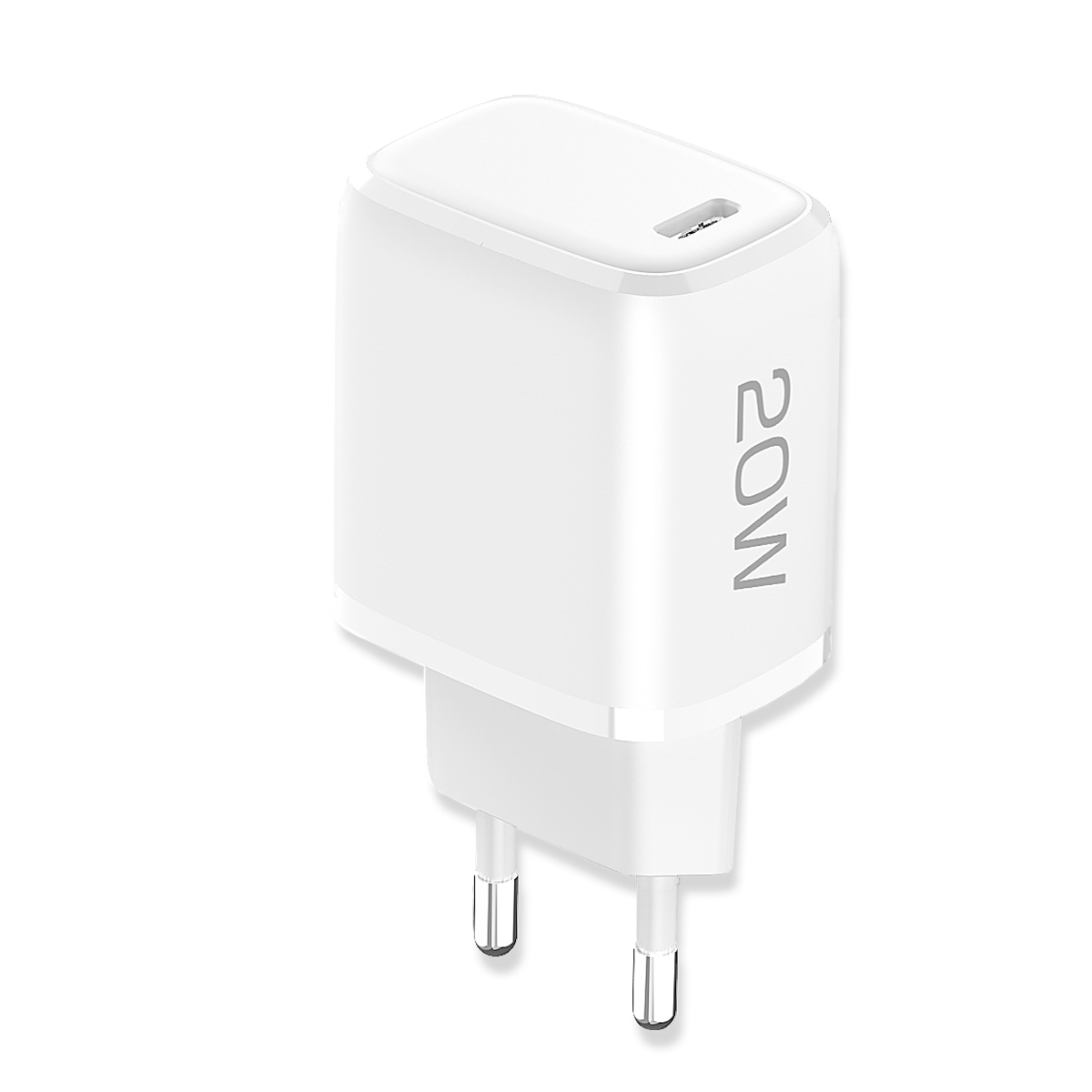 Weißes 20W-Telefonladegerät mit Eurostecker. Weißer Hintergrund.