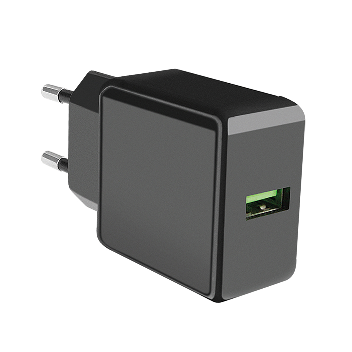 Ein schwarzes Ladegerät mit USB-Anschluss und grünem Licht, vor weißem Hintergrund.