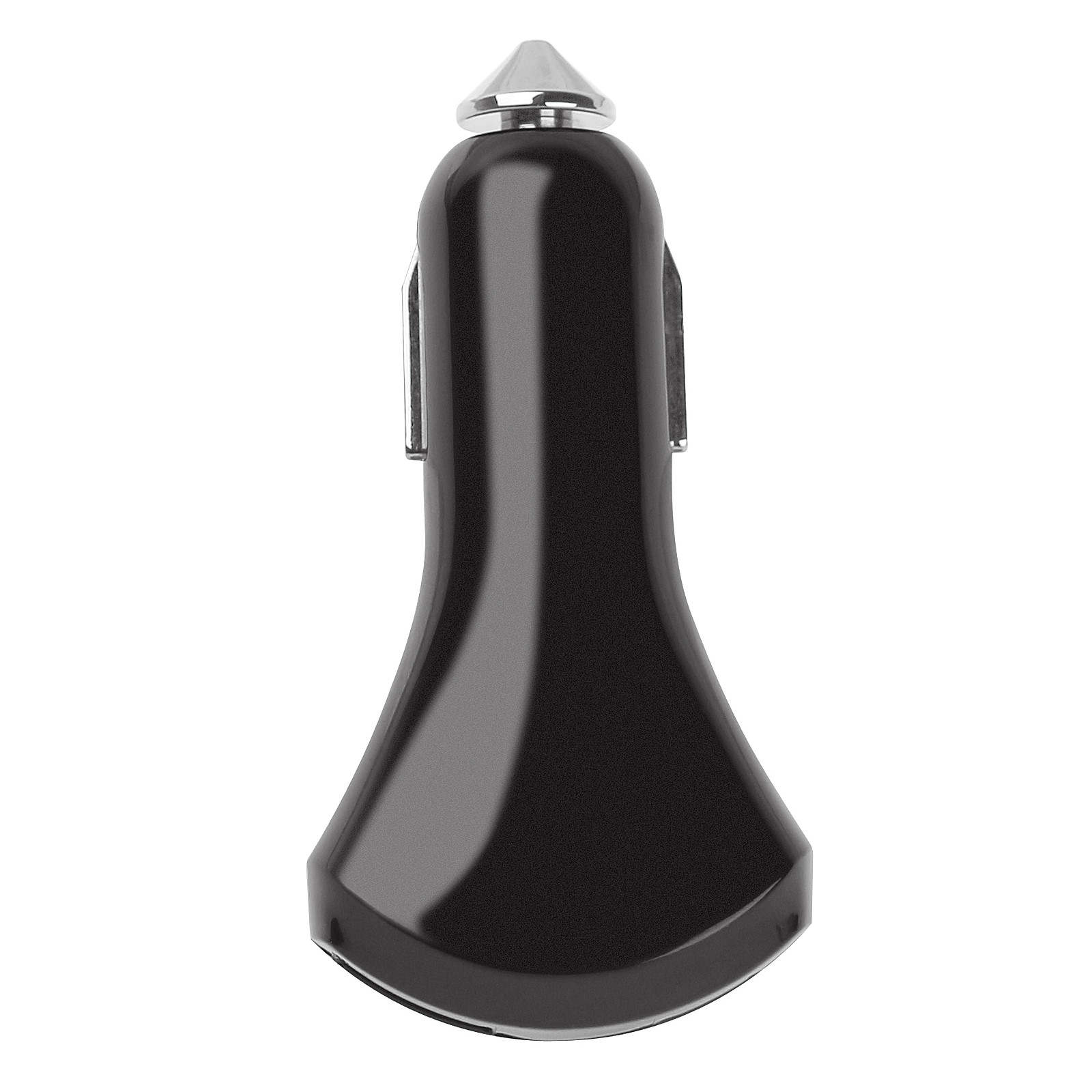 Schwarzes Autoladegerät mit silberner Spitze, vor weißem Hintergrund. Das Ladegerät ist glänzend.