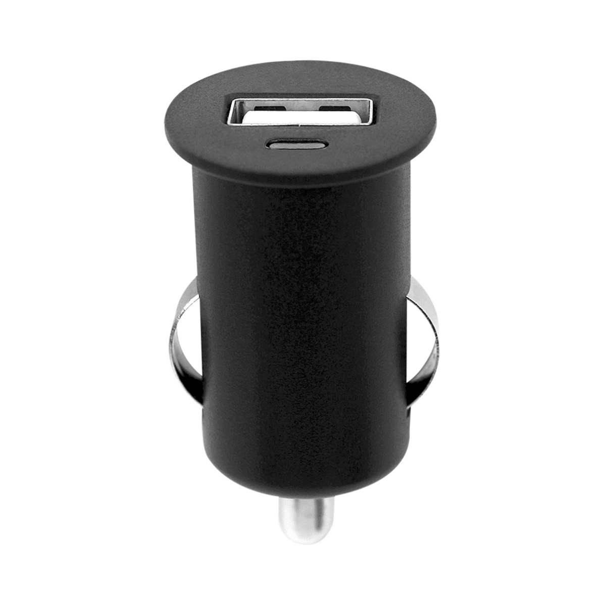 Ein schwarzes USB-Autoladegerät. Die Oberseite hat einen USB-Anschluss.