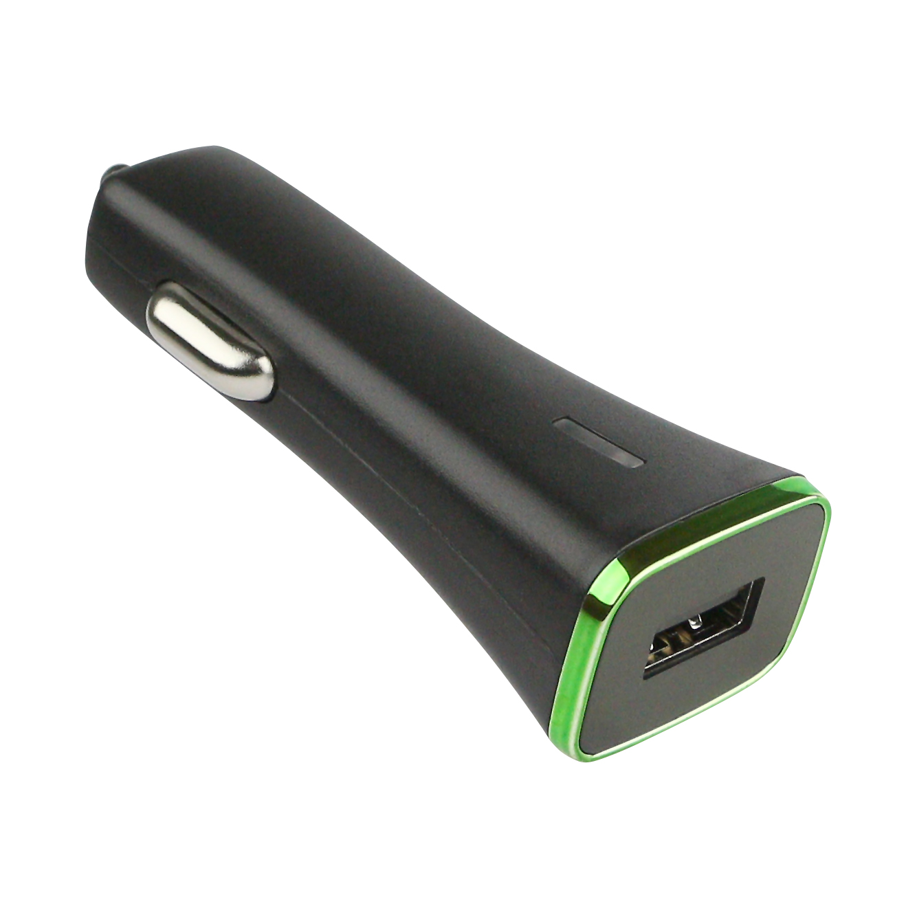 Schwarzes Autoladegerät mit USB-Anschluss und grünen Details. Weißer Hintergrund.