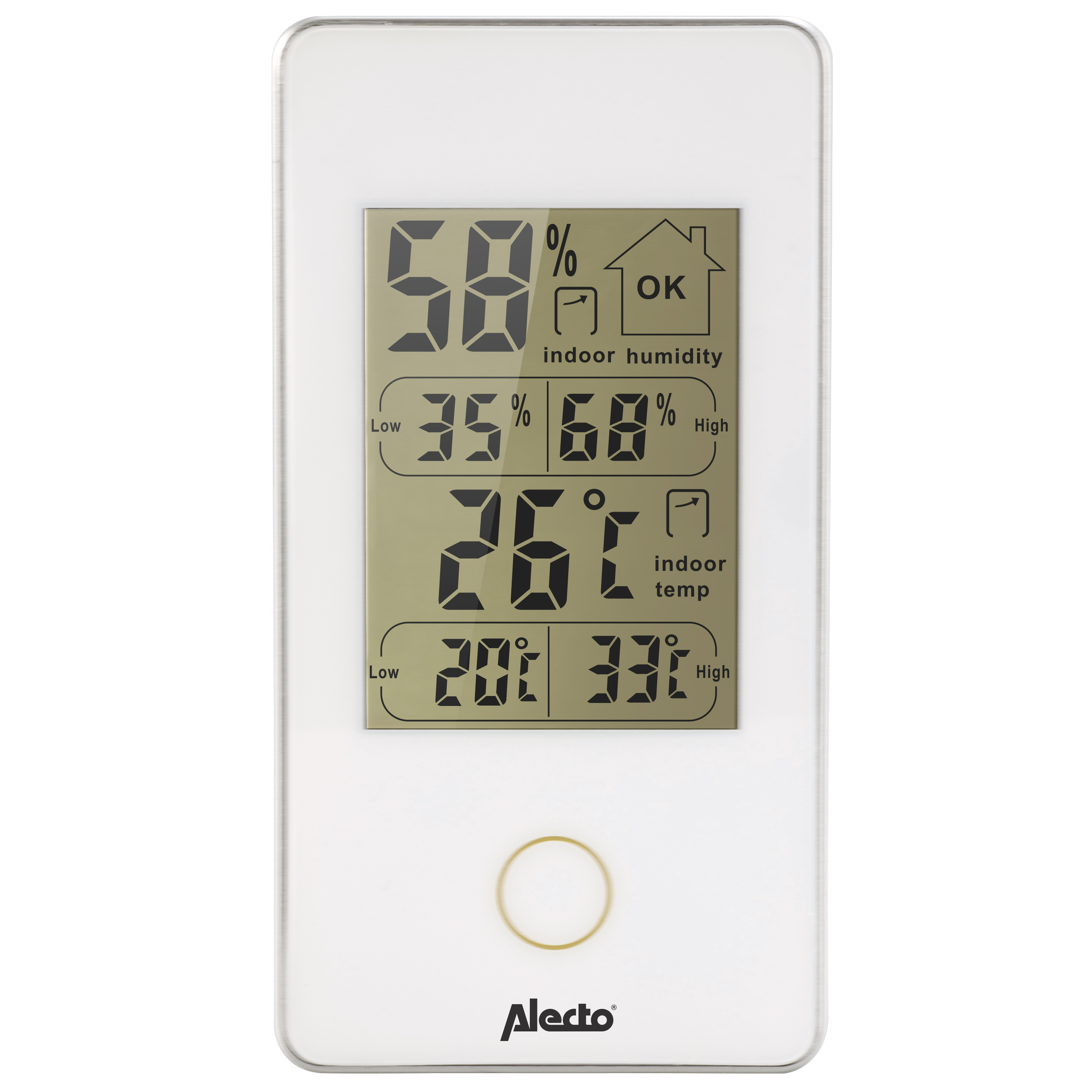Un display digitale che mostra le letture di umidità e temperatura su sfondo bianco.