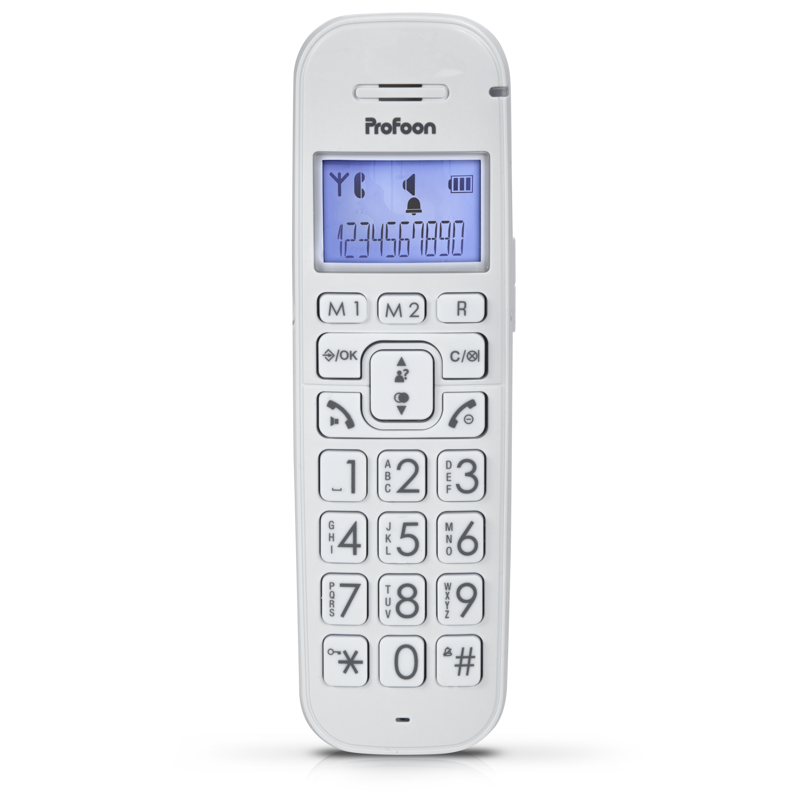 Weißes schnurloses Telefon mit blauem Bildschirm, der Zahlen und Symbole anzeigt. Tasten unter dem Bildschirm.