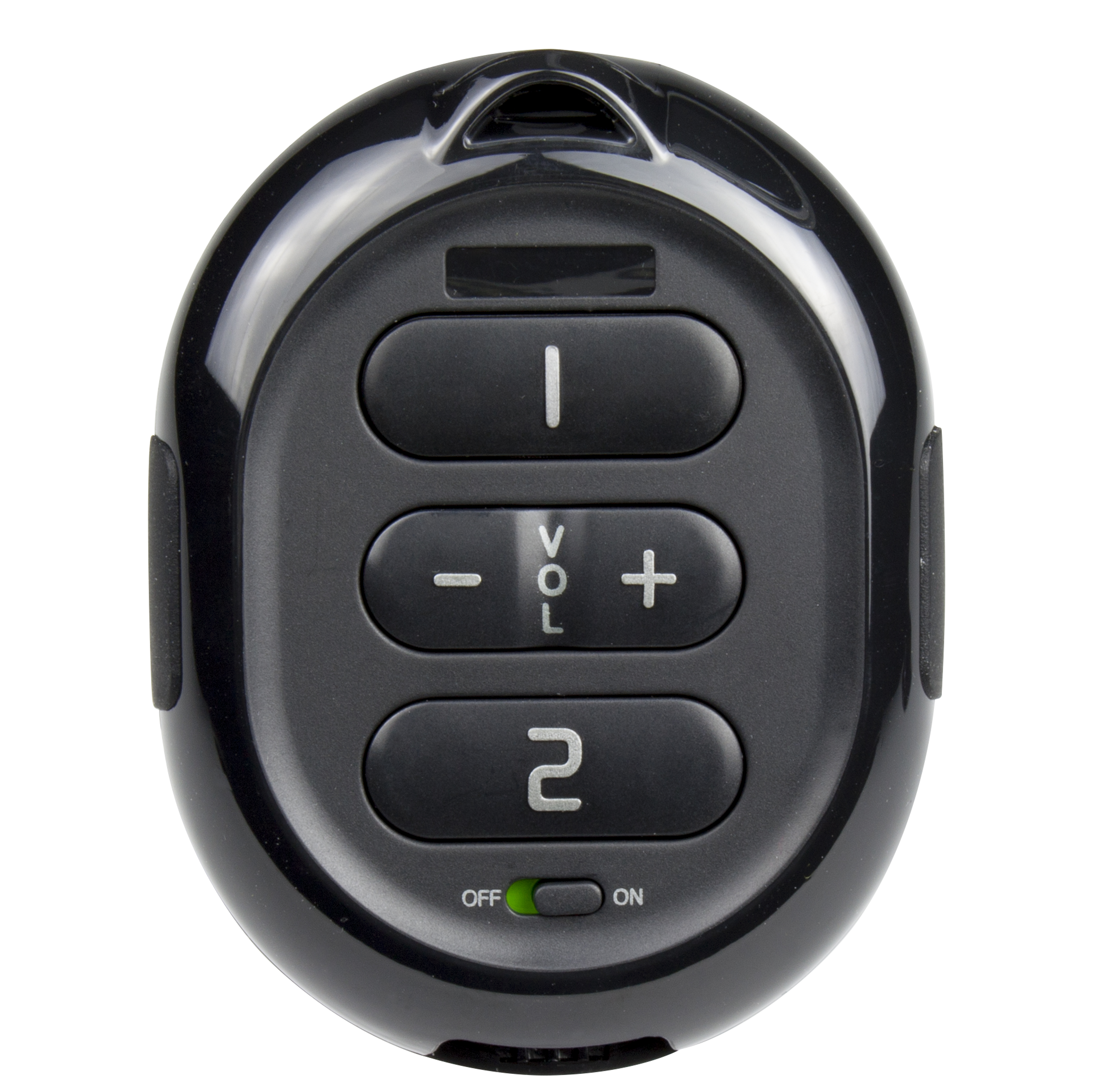 A round black remote control has buttons for volume, power, and channel selection.