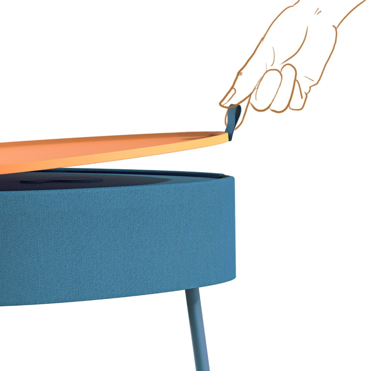 Eine Hand hebt eine Tischplatte an. Der Tisch ist blau und orange. Blaue Basis, orangefarbene Oberseite.