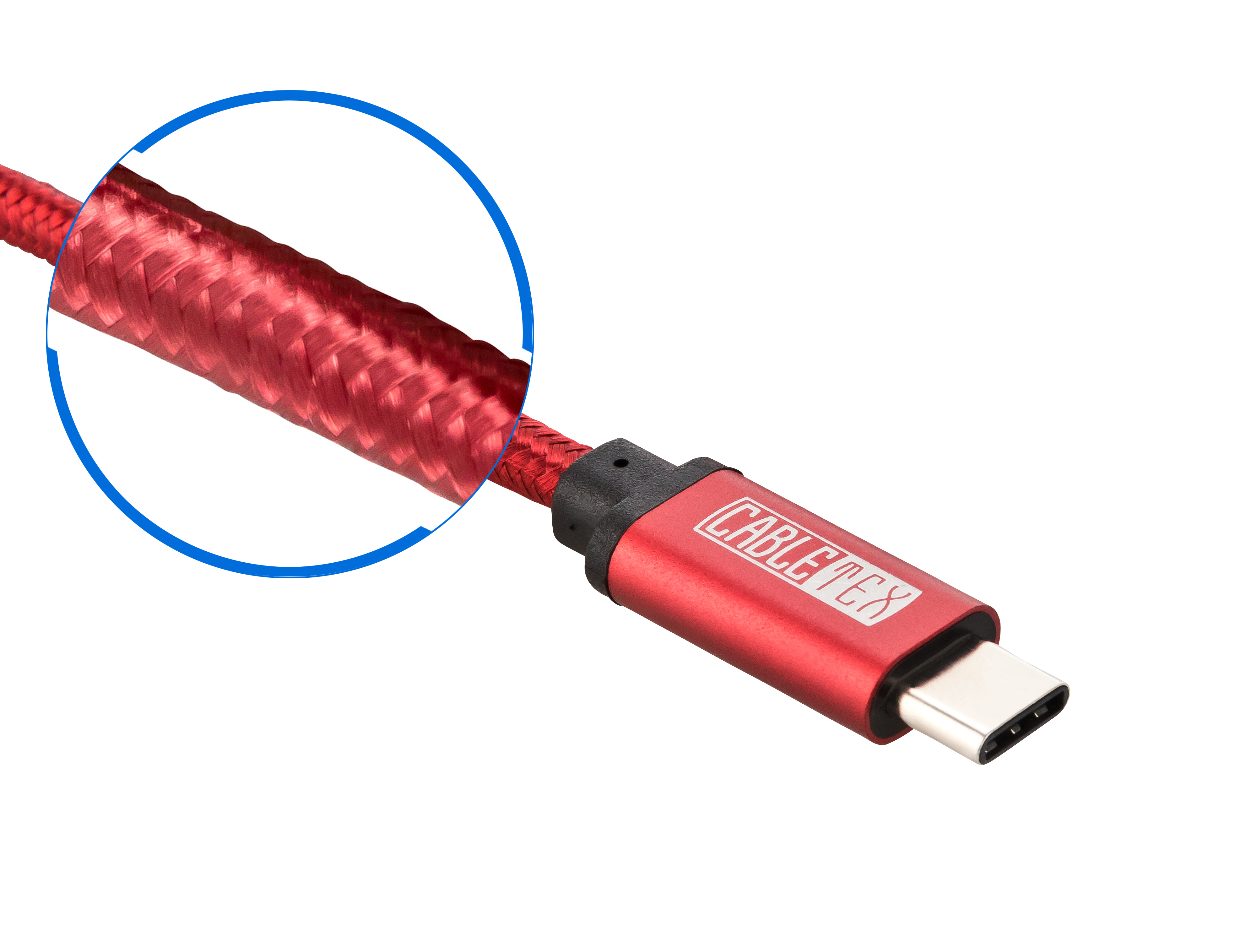 Rotes USB-C-Kabel mit geflochtener Textur, rotem Stecker und dem Text "CABLETEX".