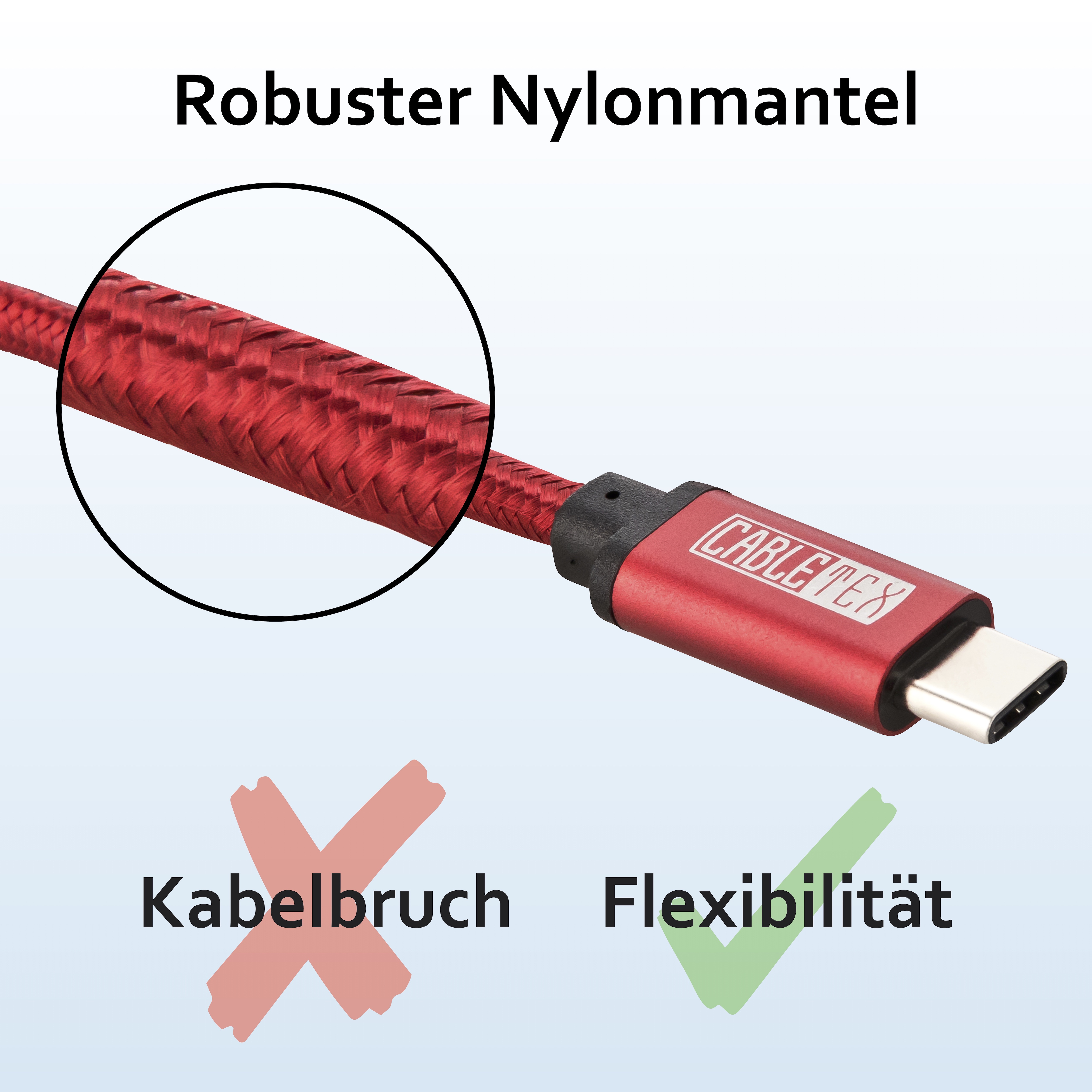 Rotes Nylongabel mit USB-C-Anschluss. Nahaufnahme zeigt Textur und rotes Logo.