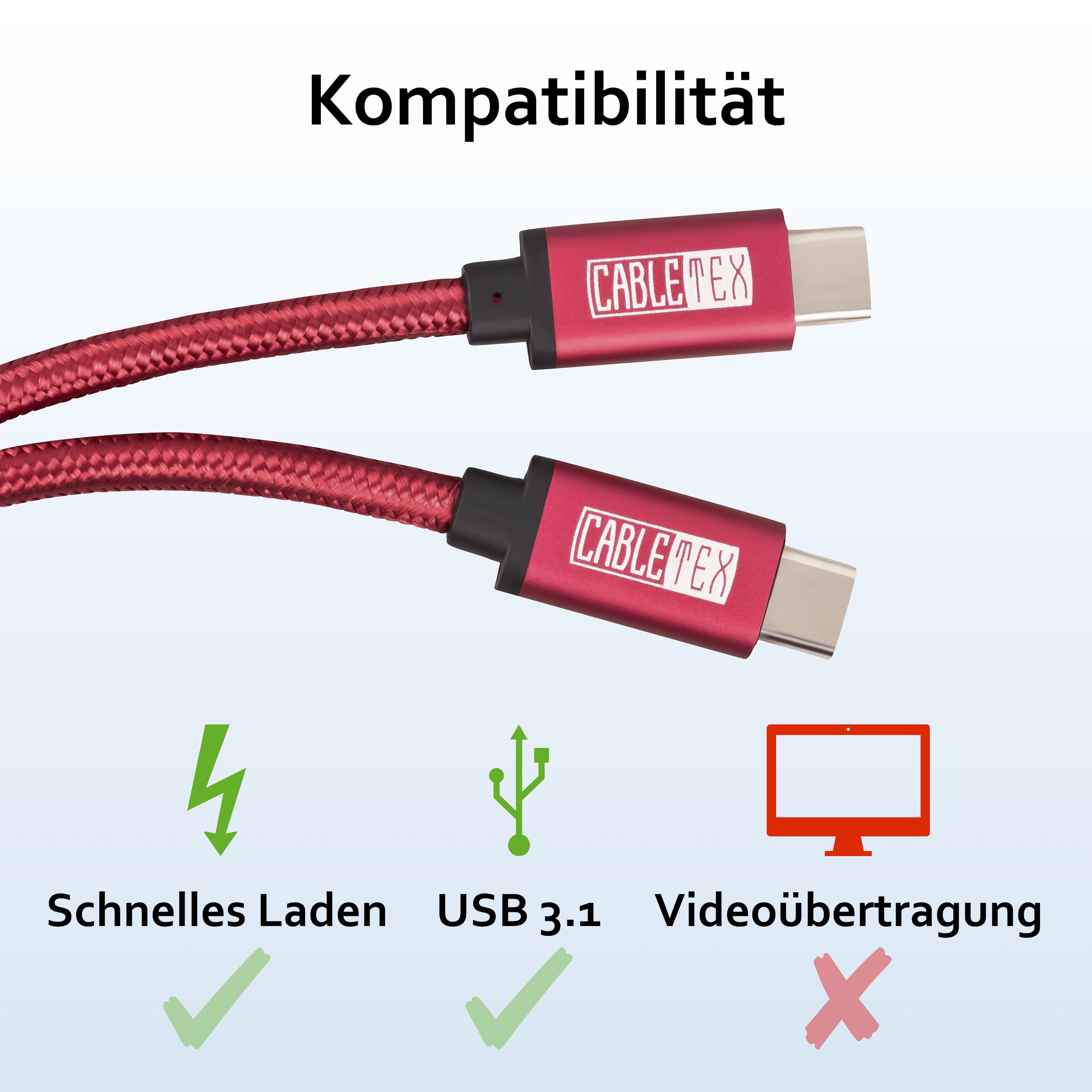 Zwei rote USB-Kabel mit dem Text "CABLETEX". Die Symbole zeigen schnelles Laden und USB 3.1-Unterstützung.