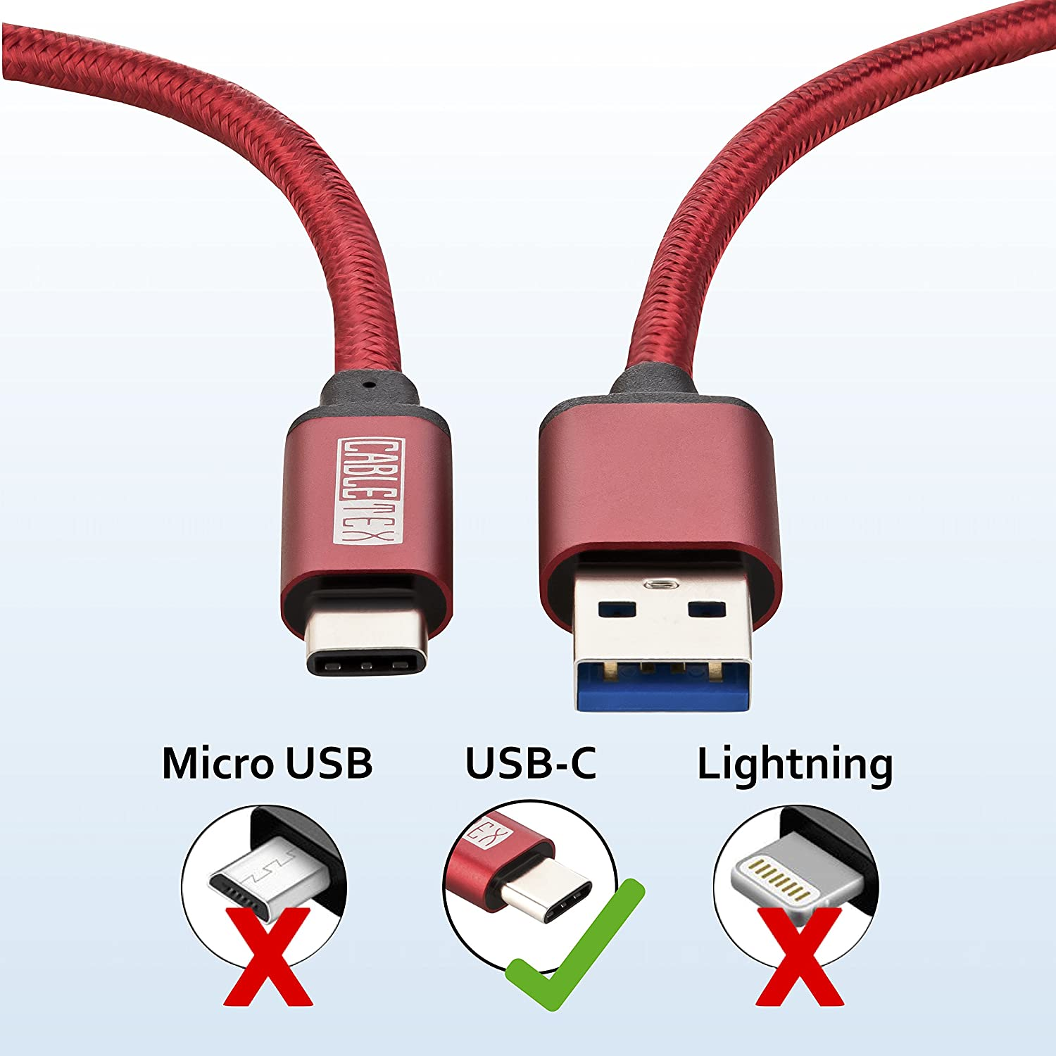 Ein rotes USB-Kabel mit einem USB-C-Anschluss und einem USB-A-Anschluss.