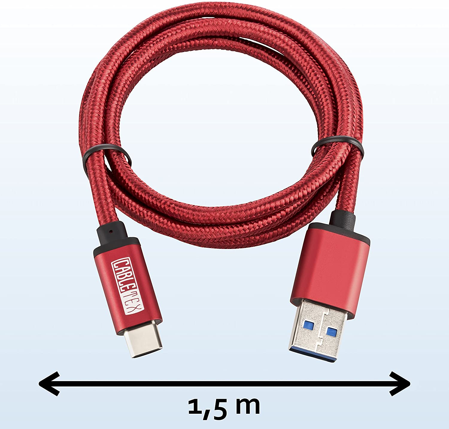 Ein rotes USB-C-Kabel mit schwarzen Enden, mit einem Pfeil, der eine Länge von 1,5 m markiert, auf blauem Hintergrund.