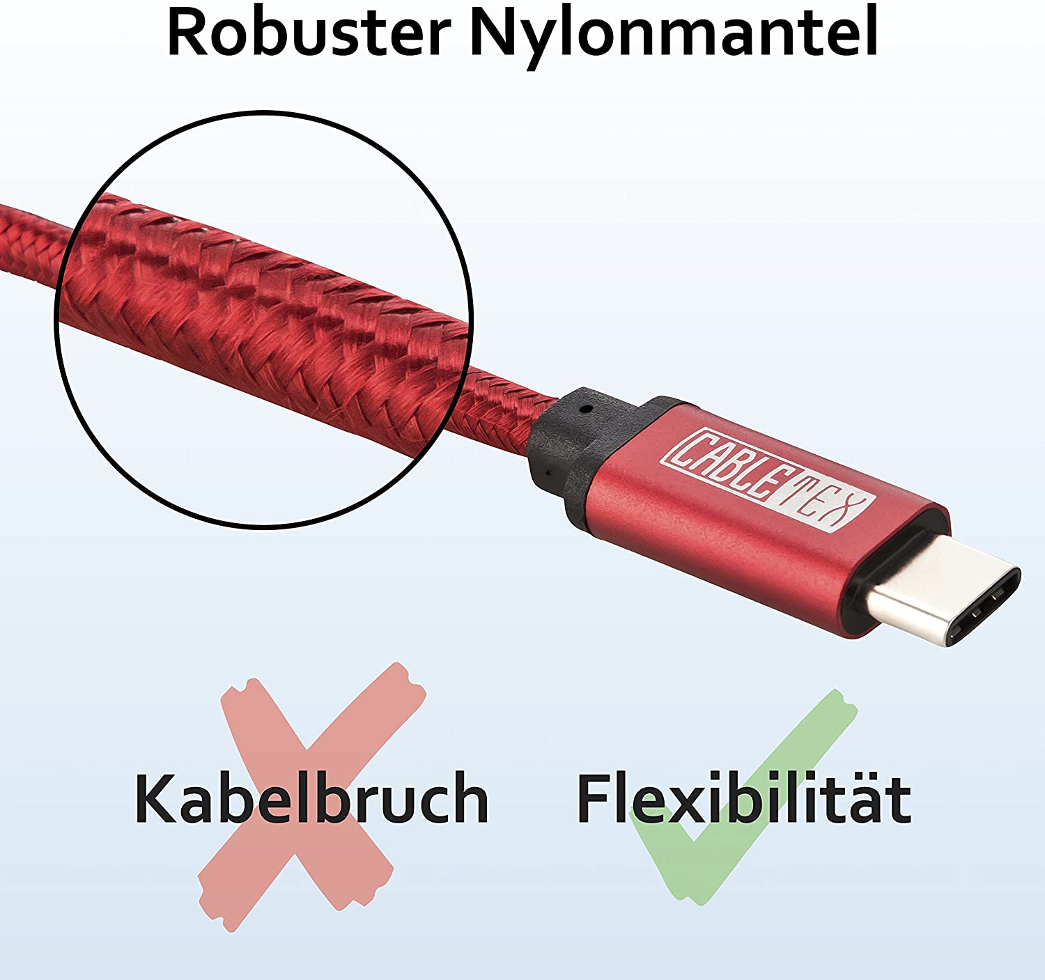 Rotes USB-C-Kabel mit Text "CABLETEX". Kreis zeigt geflochtene Textur. Das Kabel ist flexibel.