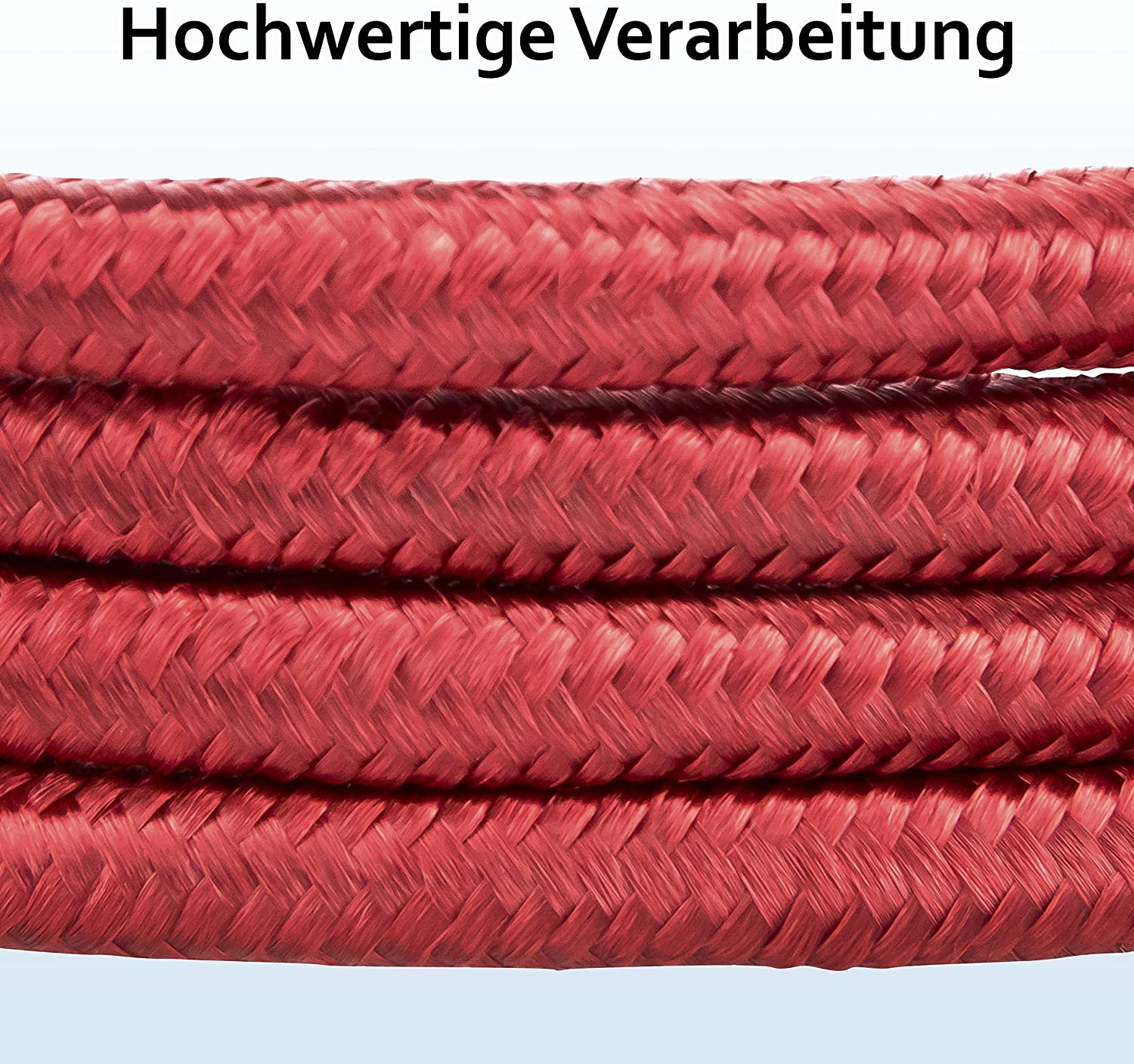 Nahaufnahme von rotem geflochtenem Seil, mit Text 'Hochwertige Verarbeitung' darüber.