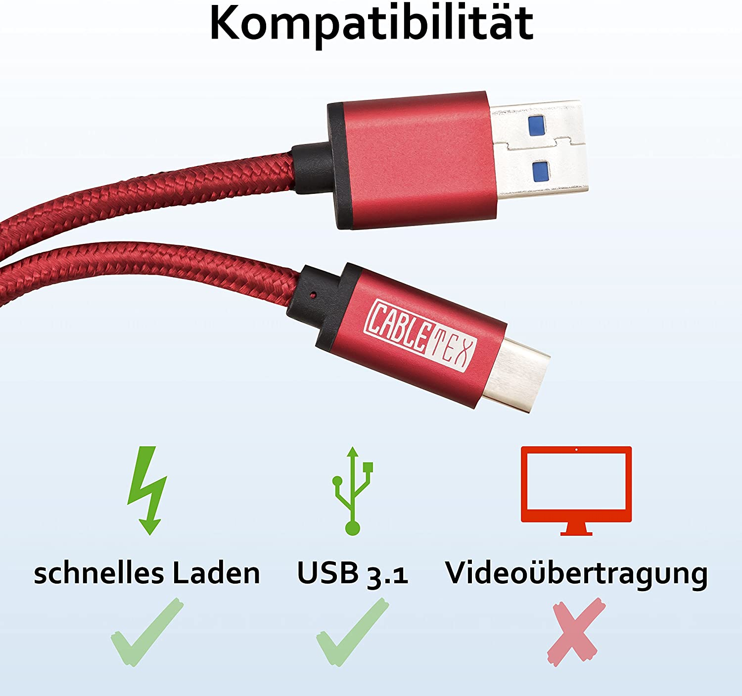 Kabel mit USB- und USB-C-Anschlüssen. Symbole zeigen schnelles Laden und USB 3.1, kein Video.