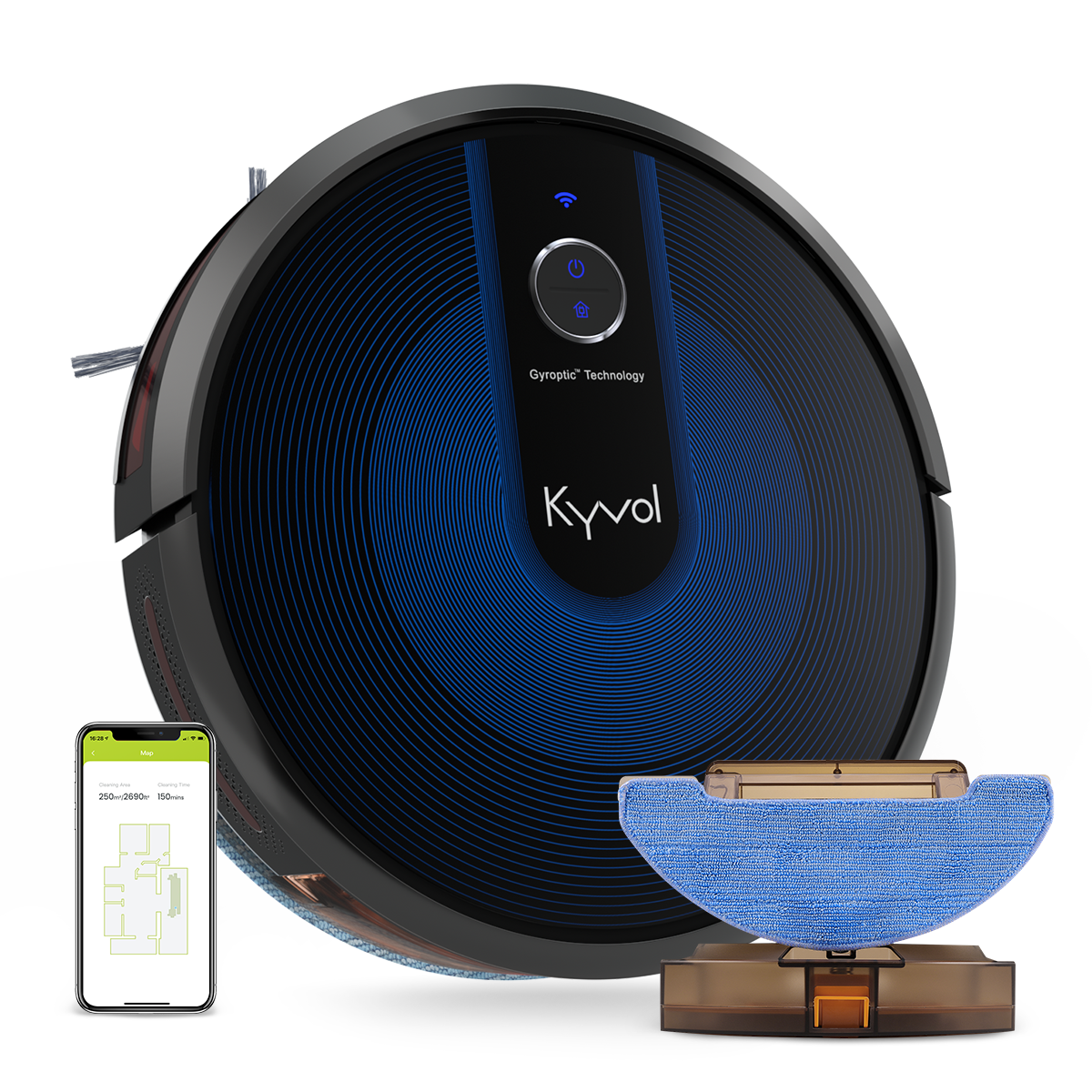 Blau-schwarzer Roboter-Staubsauger mit Zubehör und einem Telefon, das eine Karte zeigt.