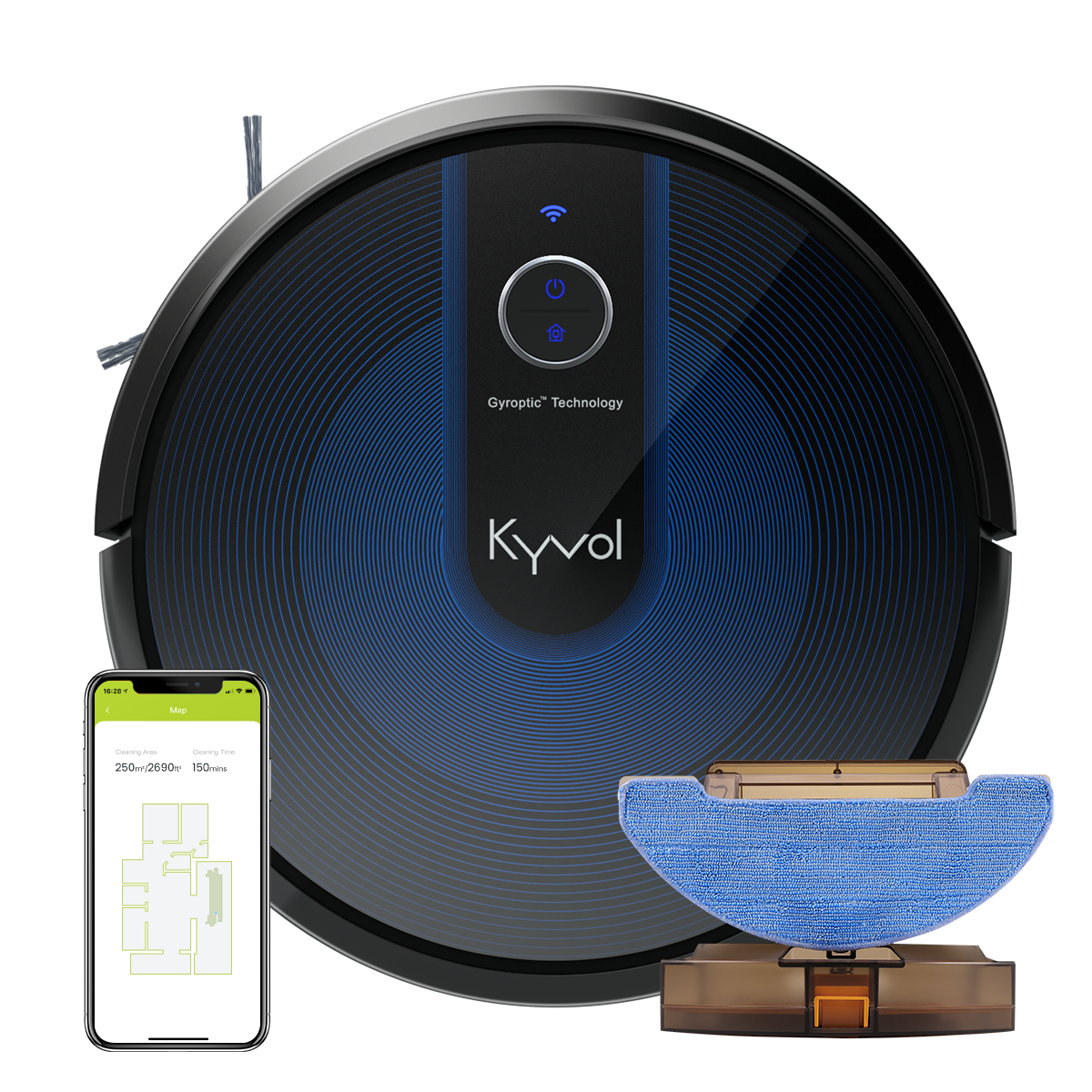 Schwarzer und blauer Kyvol Roboter-Staubsauger. Smartphone zeigt eine Raumkarte.