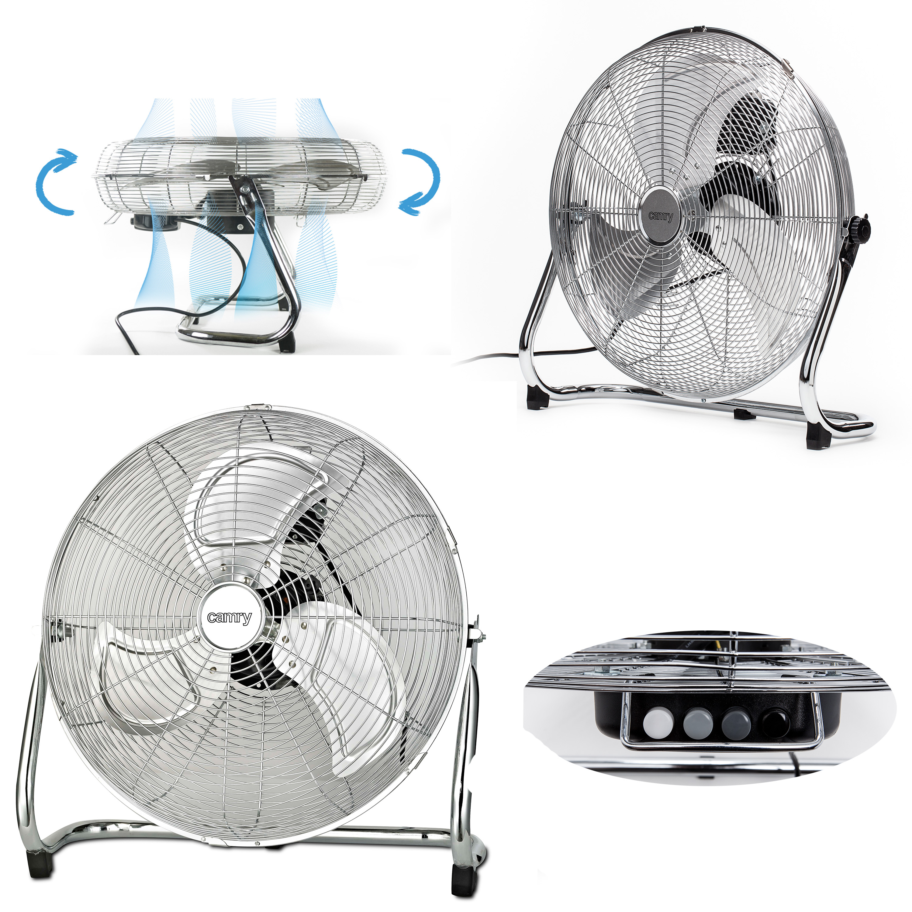 Eine Collage von silbernen Ventilatoren. Einer ist in Betrieb, einer von oben und einer von der Seite.