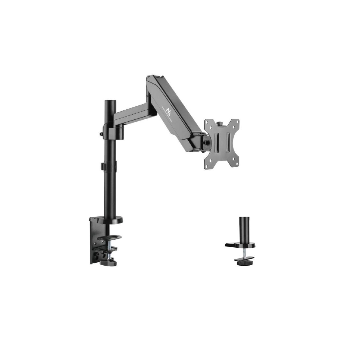 Ramię do monitora, zamontowane na biurku za pomocą zacisku, trzymające monitor.