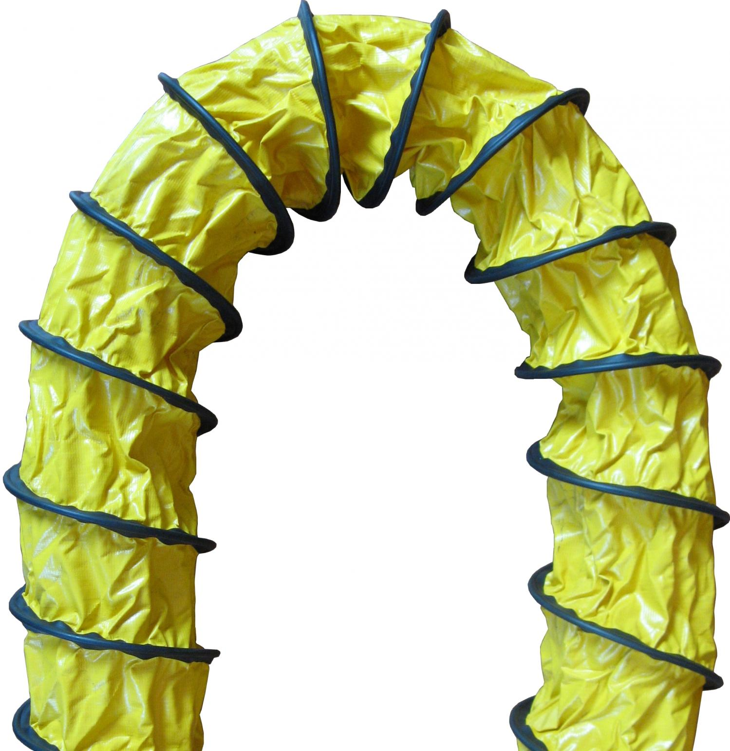 Ein gelber, flexibler Luftkanal, bogenförmig, mit schwarzen Ringen.