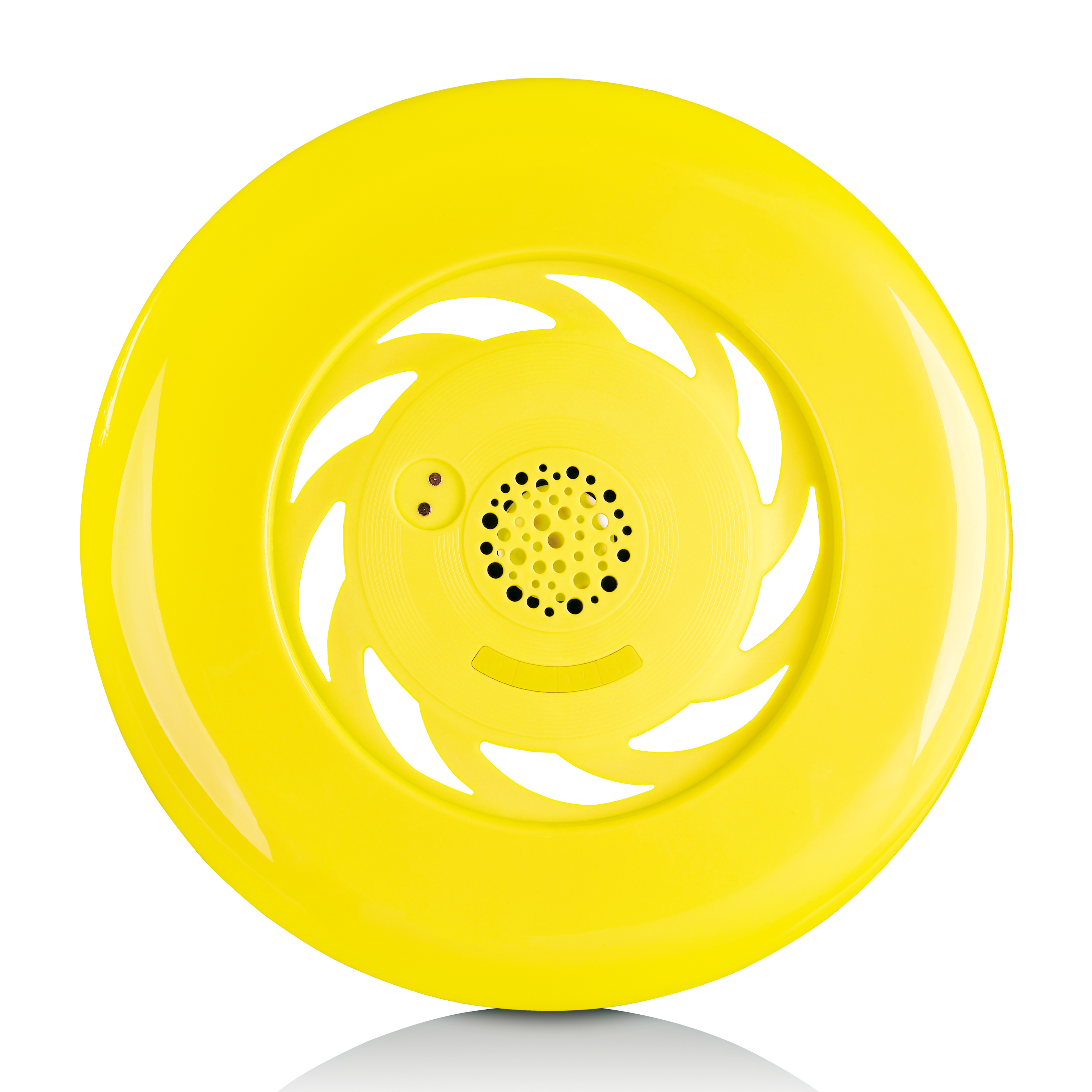 Frisbee giallo con un design centrale e fessure aperte, su sfondo bianco.