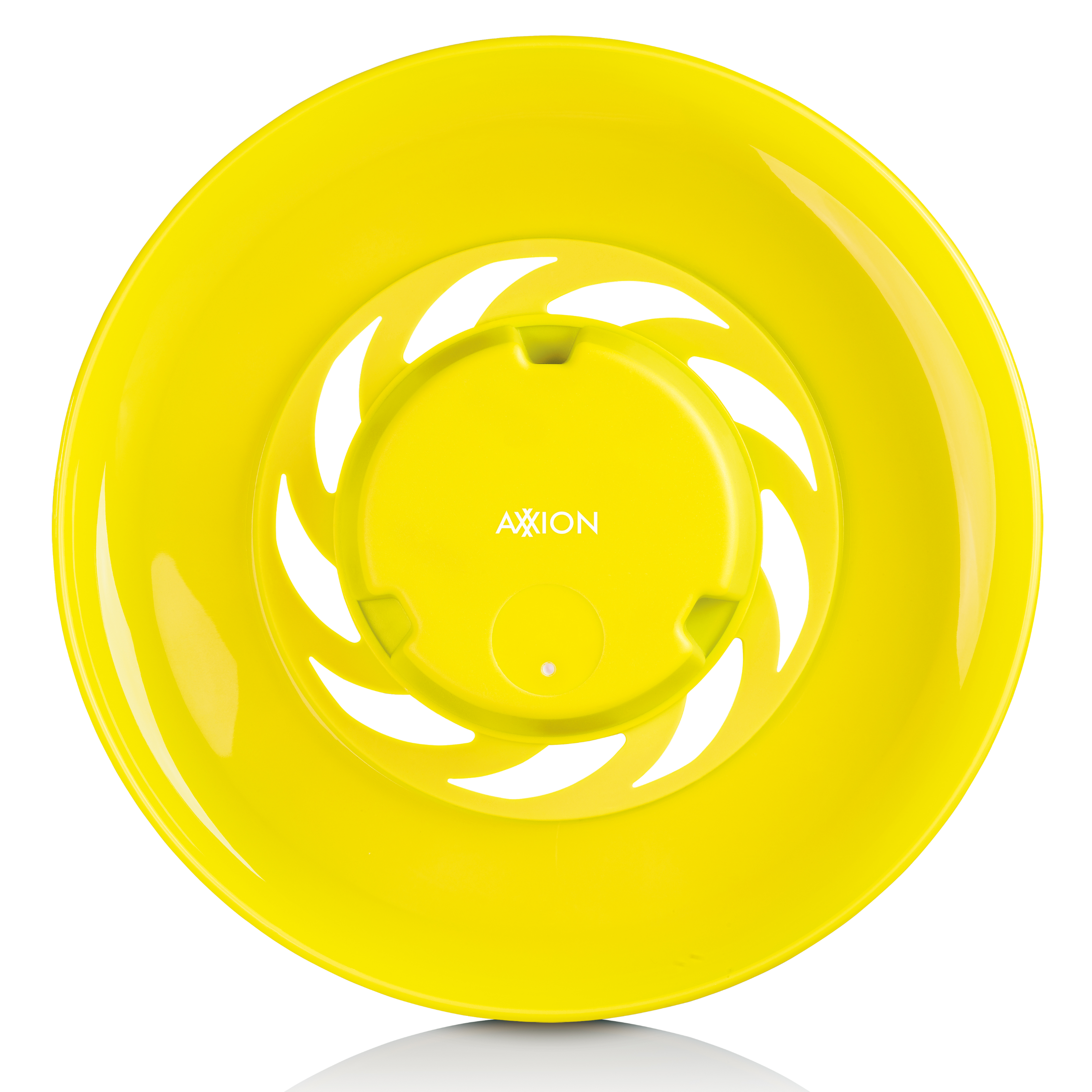 Un piatto giallo con un design circolare e un foro centrale.