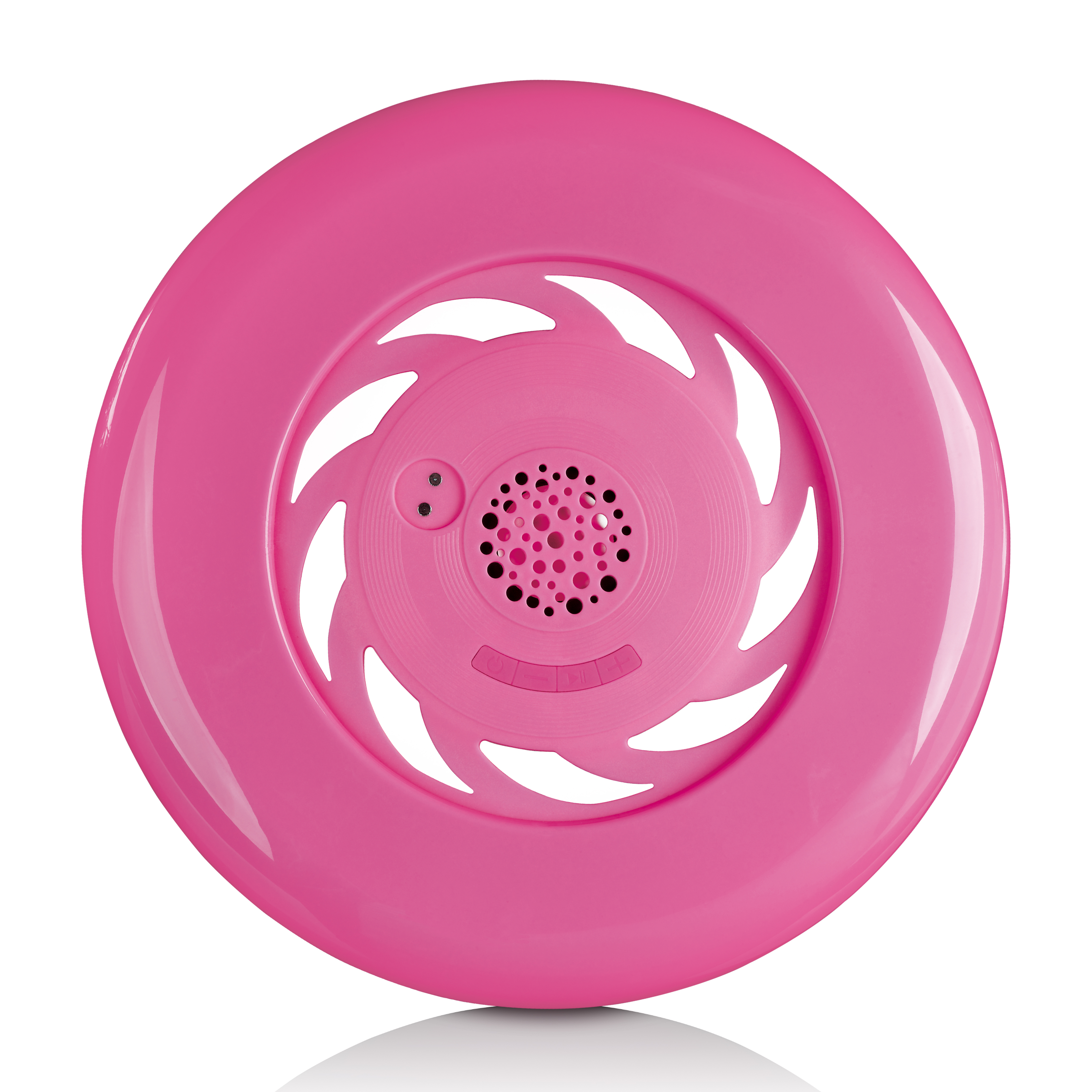 Roze cirkelvormig object met uitsparingen. Het heeft een centraal gebied met gaten en een kleinere cirkel.