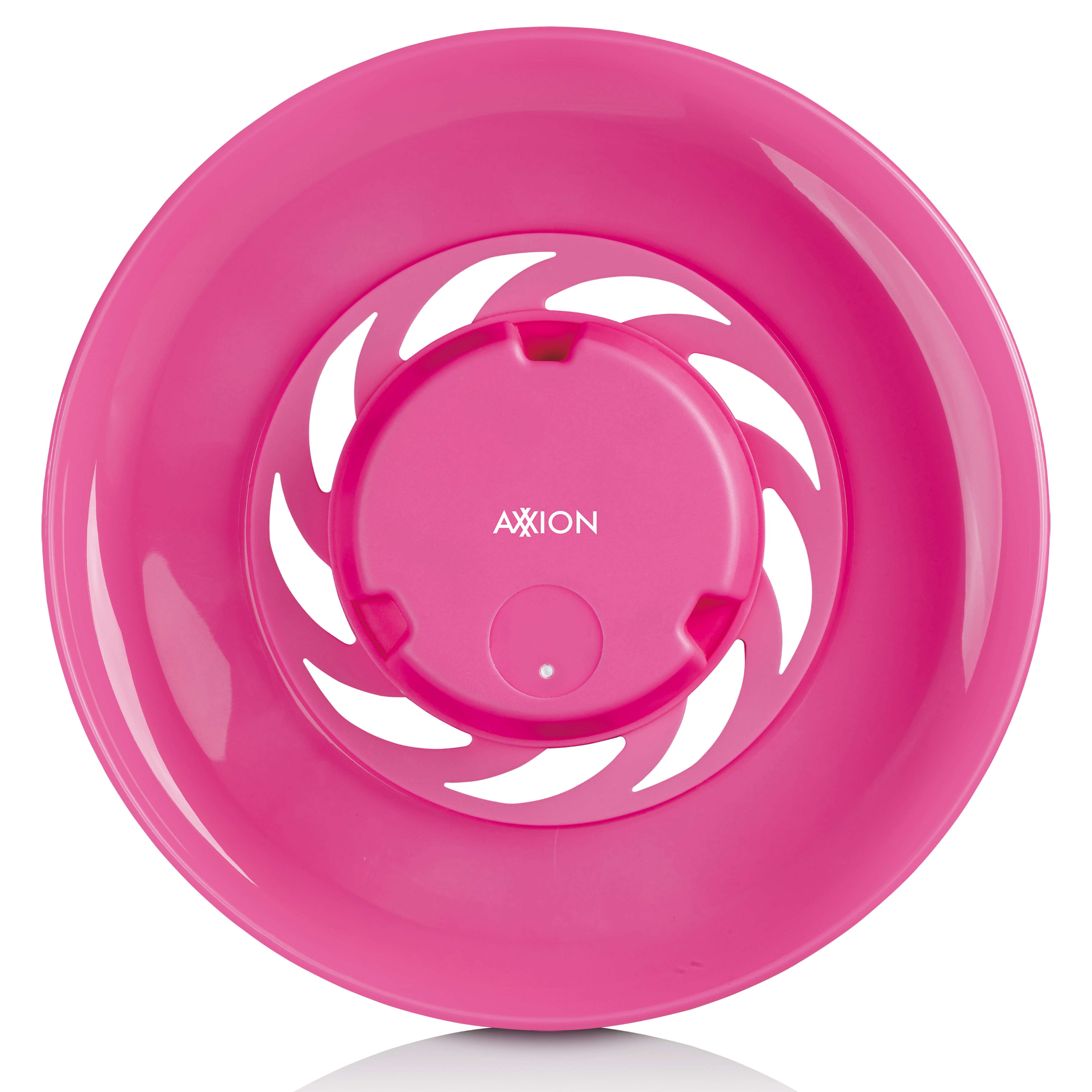 Felroze plastic decoratie-item met een cirkelvormig ontwerp en AXION-tekst in het midden.