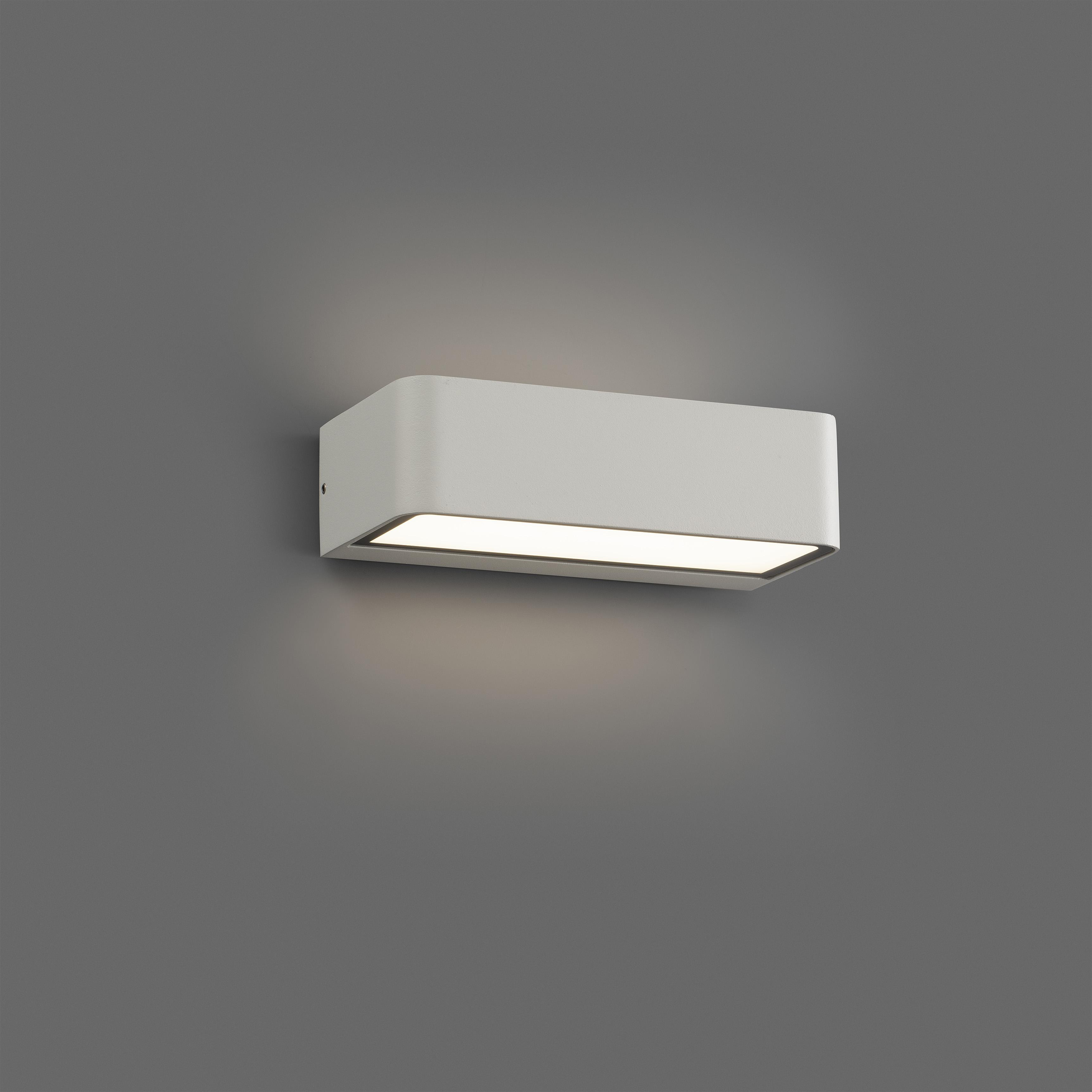 Una lampada da parete a LED rettangolare bianca montata su un muro grigio.