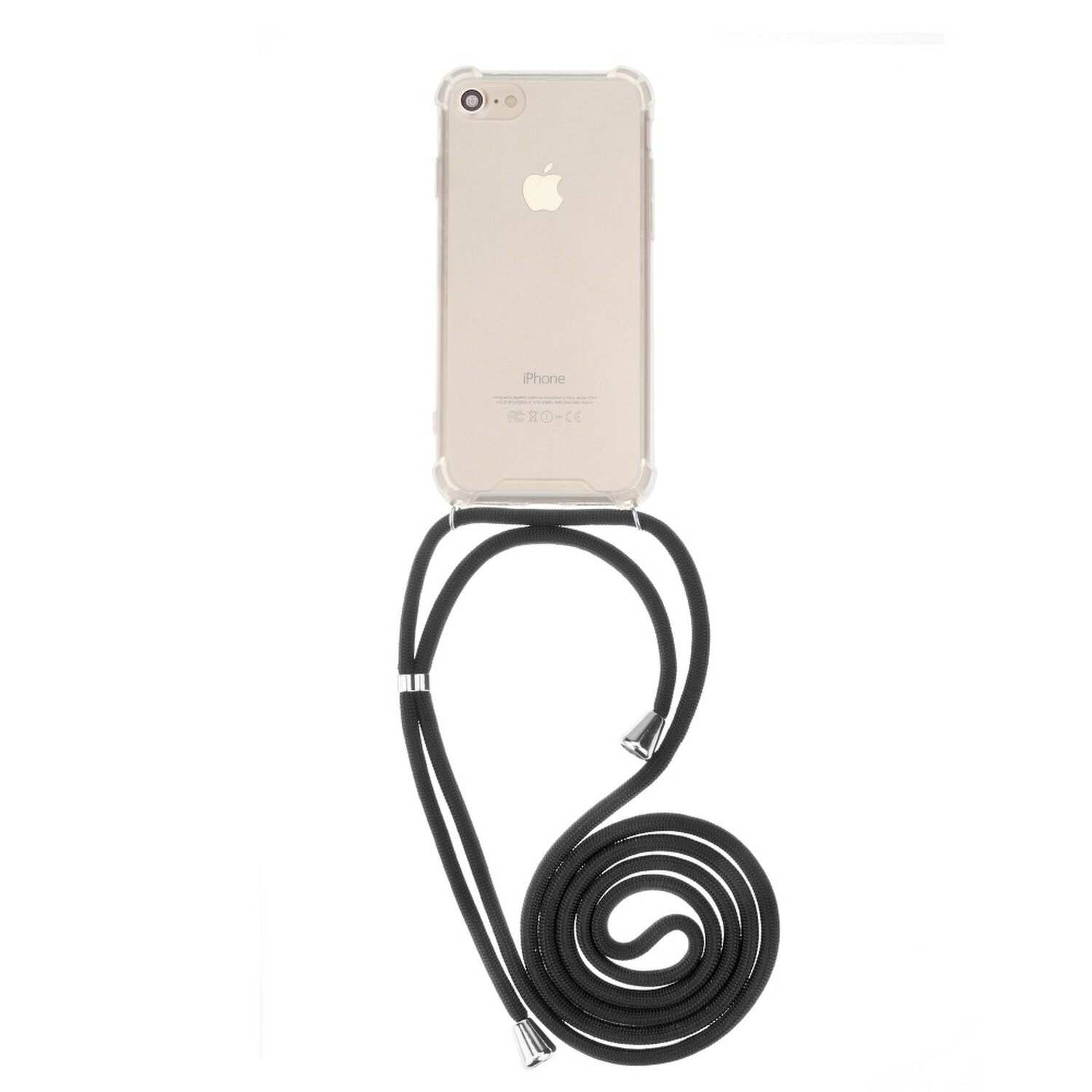 Eine transparente Handyhülle mit schwarzem Umhängeband und Telefon.