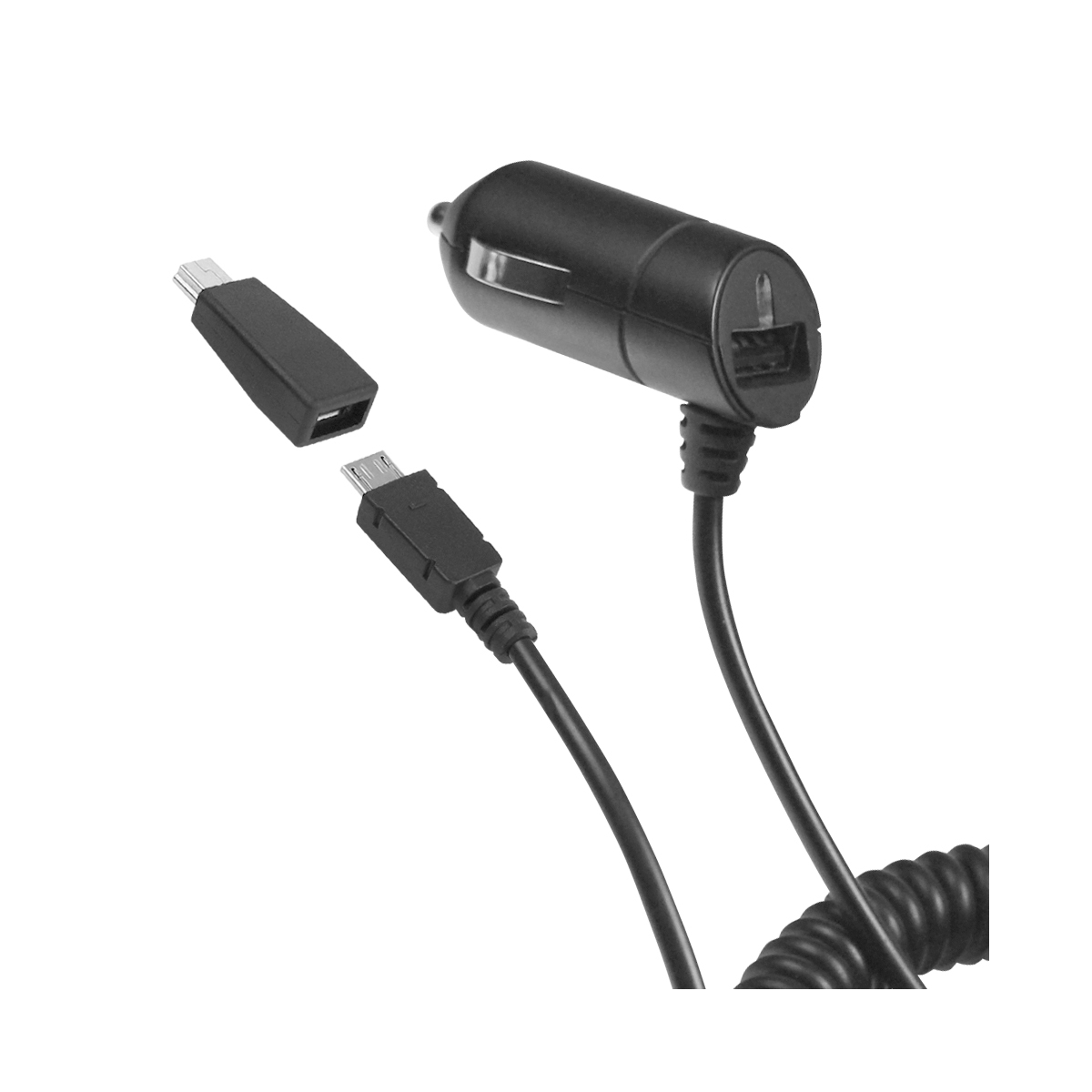 Ein schwarzes Autoladegerät mit USB-Kabel und separatem USB-Adapter, weißer Hintergrund.
