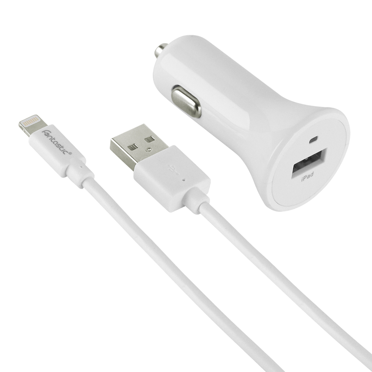 Ein weißes Autoladegerät mit USB-Anschluss und ein Lightning-Kabel sind vor weißem Hintergrund gezeigt.