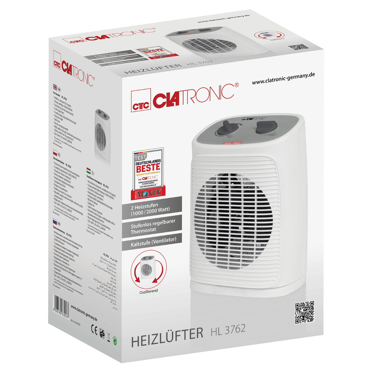 Biało-szary grzejnik elektryczny w pudełku, z tekstem i zdjęciem grzejnika.