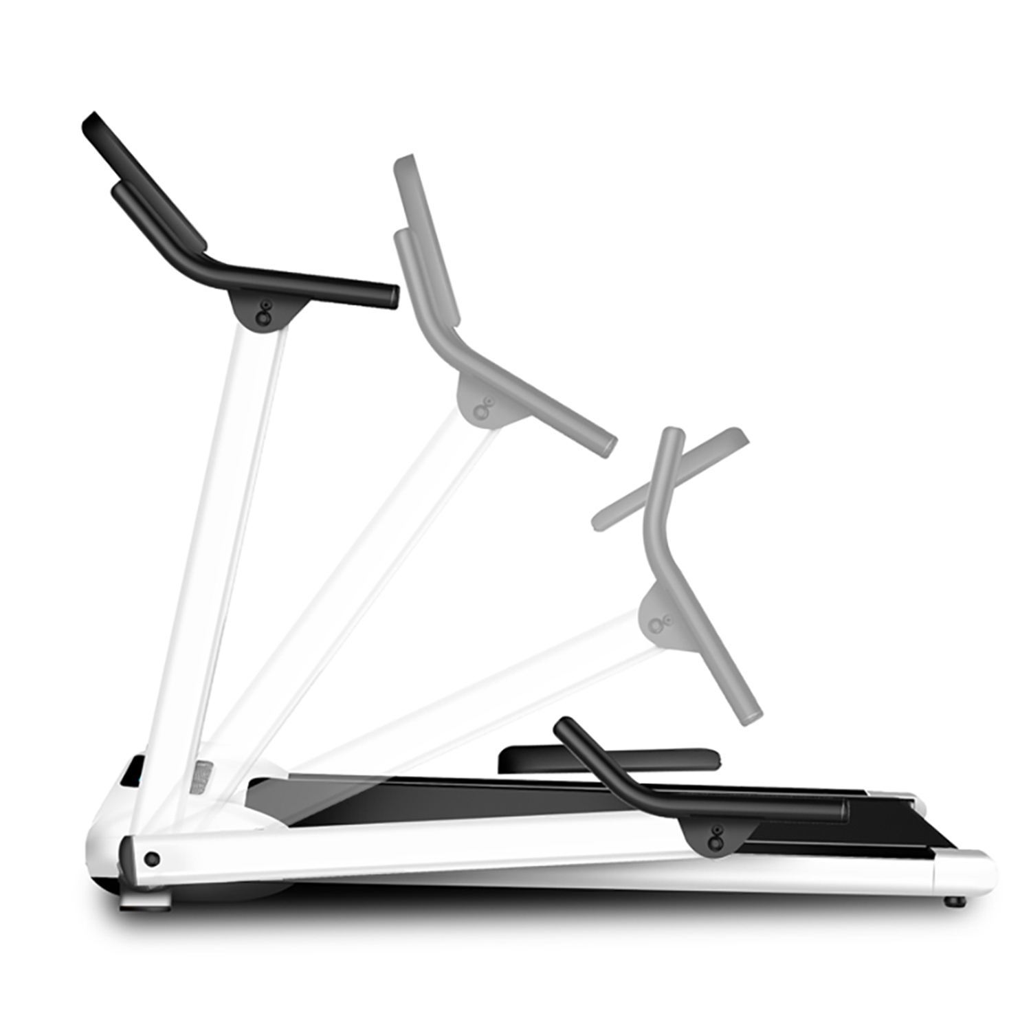 Treadmill with white frame and black details, three ghosted positions show folding options.