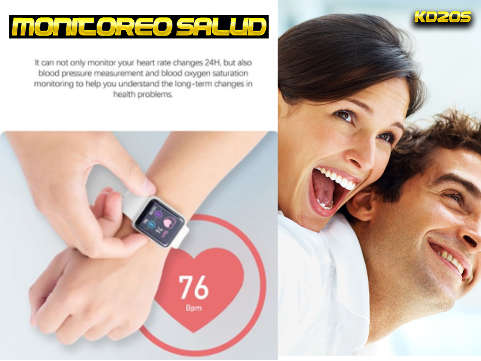 Una mujer y un hombre sonríen. La mujer usa un reloj inteligente. Se muestra la frecuencia cardíaca.