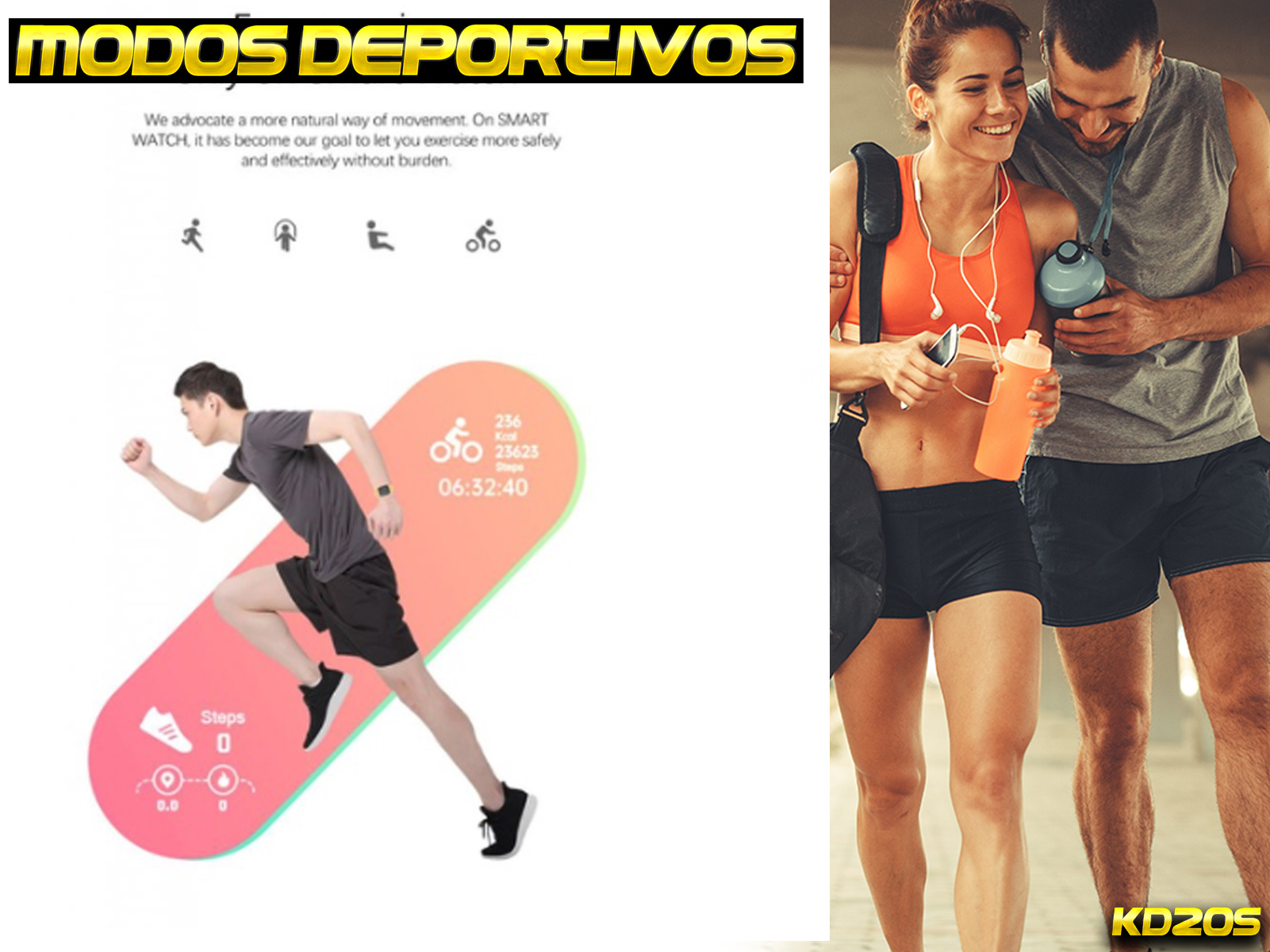 Un icono de hombre corriendo y una pareja con equipo deportivo, con el texto "MODOS DEPORTIVOS".