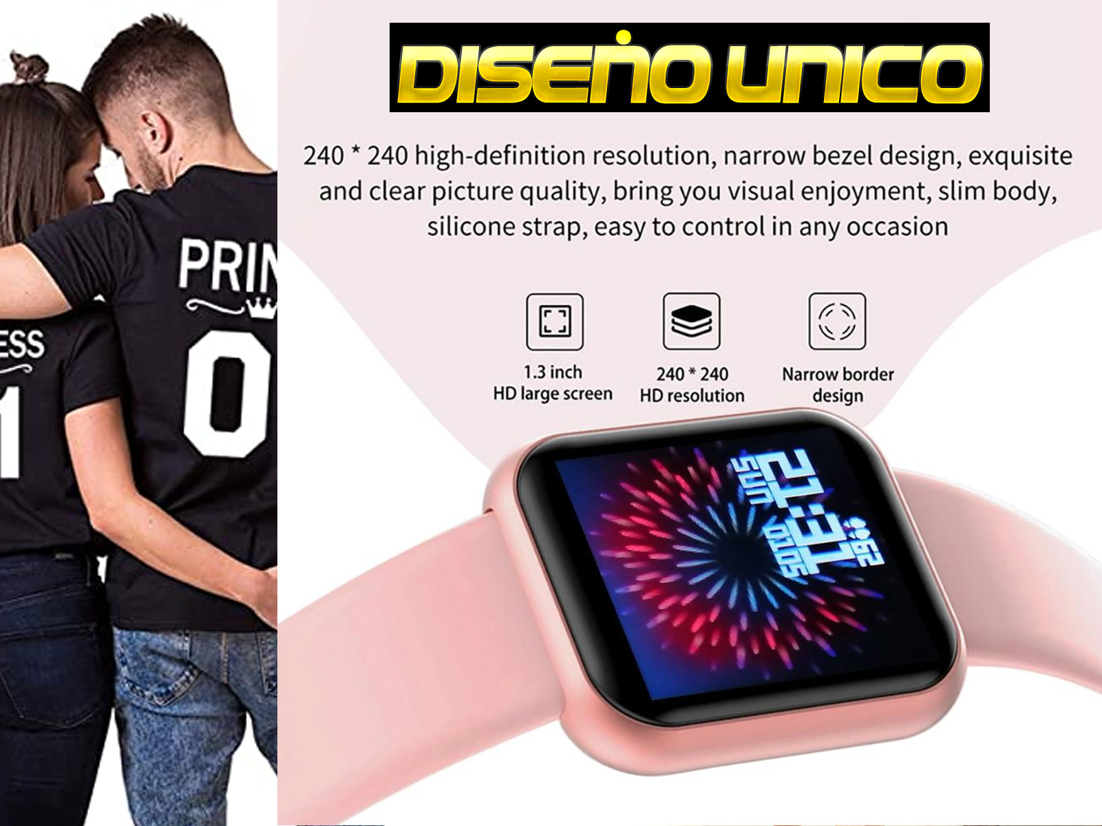 Un reloj inteligente con correa rosa y una pareja con camisetas negras a juego con texto blanco.