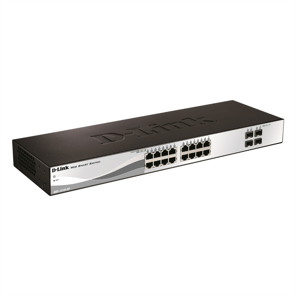 D-Link Web Smart Switch. È un dispositivo nero e argento con più porte e spie luminose.