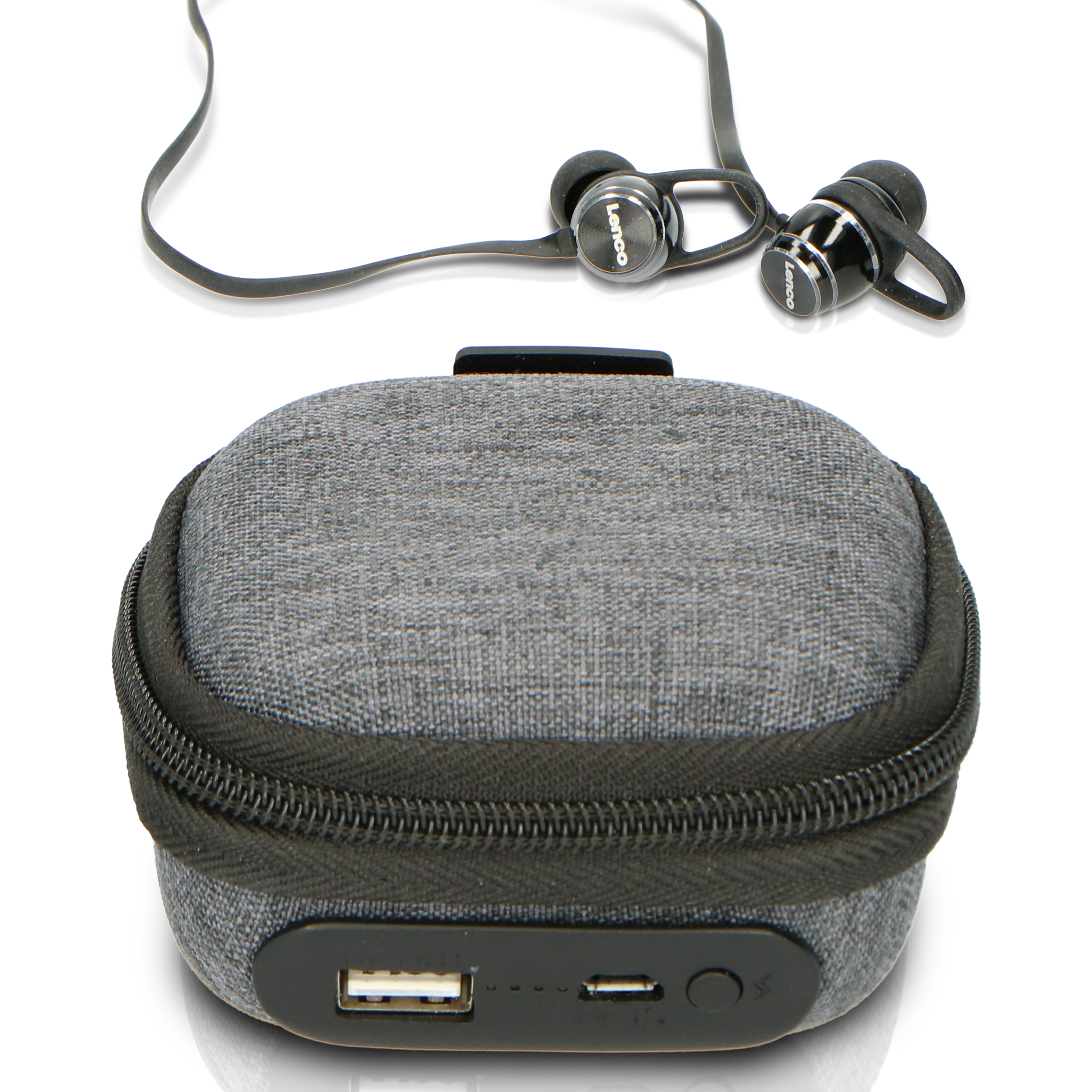 Graues Etui mit schwarzen Ohrhörern und Ladeanschluss, USB und USB-C.