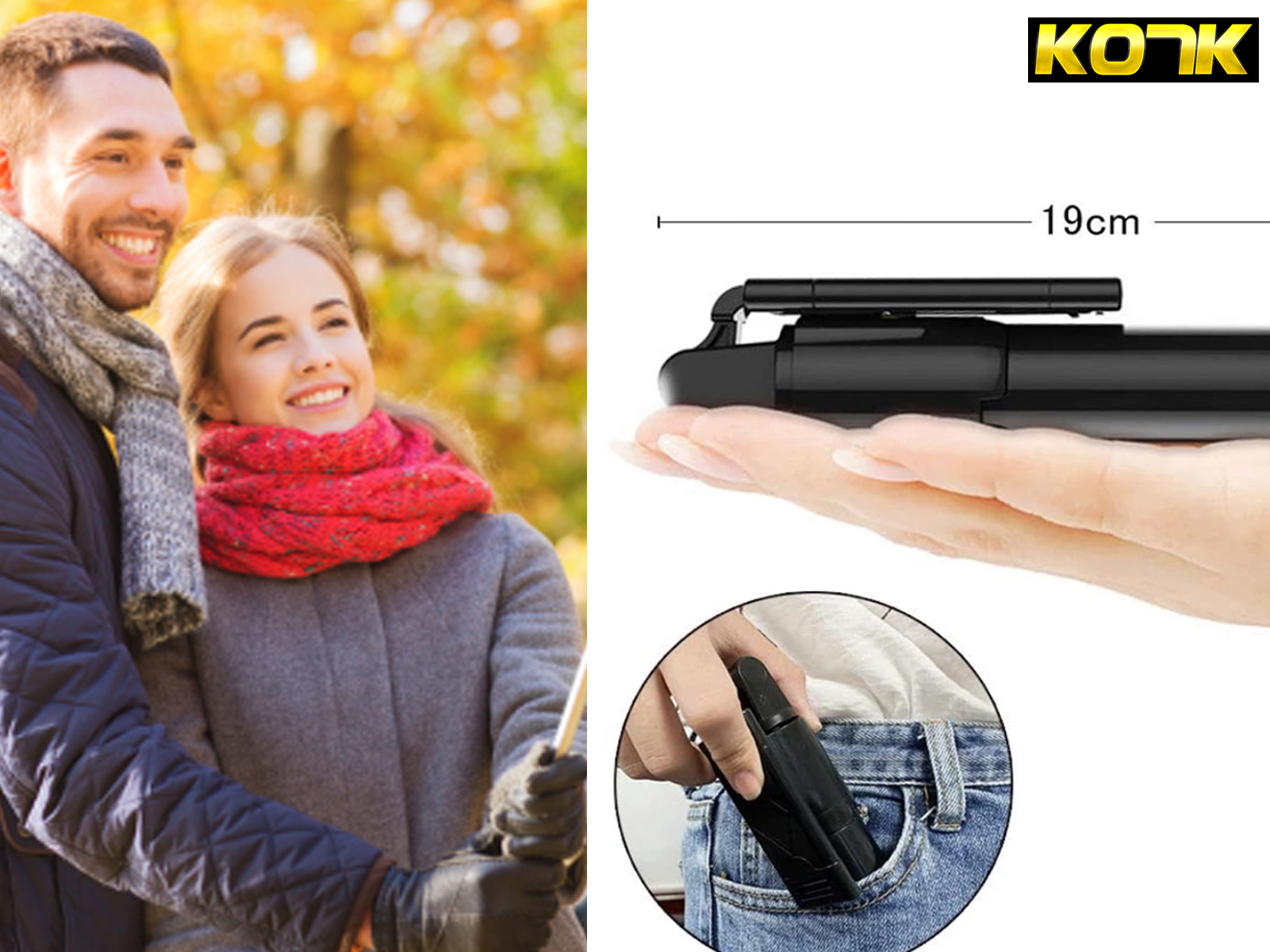 Una pareja sonríe en un parque, y un dispositivo portátil negro con clip para bolsillo.