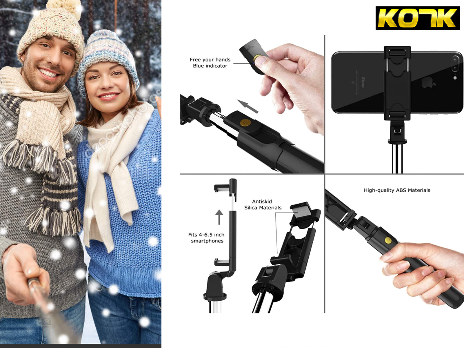 Pareja tomando selfie al aire libre en invierno, con smartphone y palo selfie.