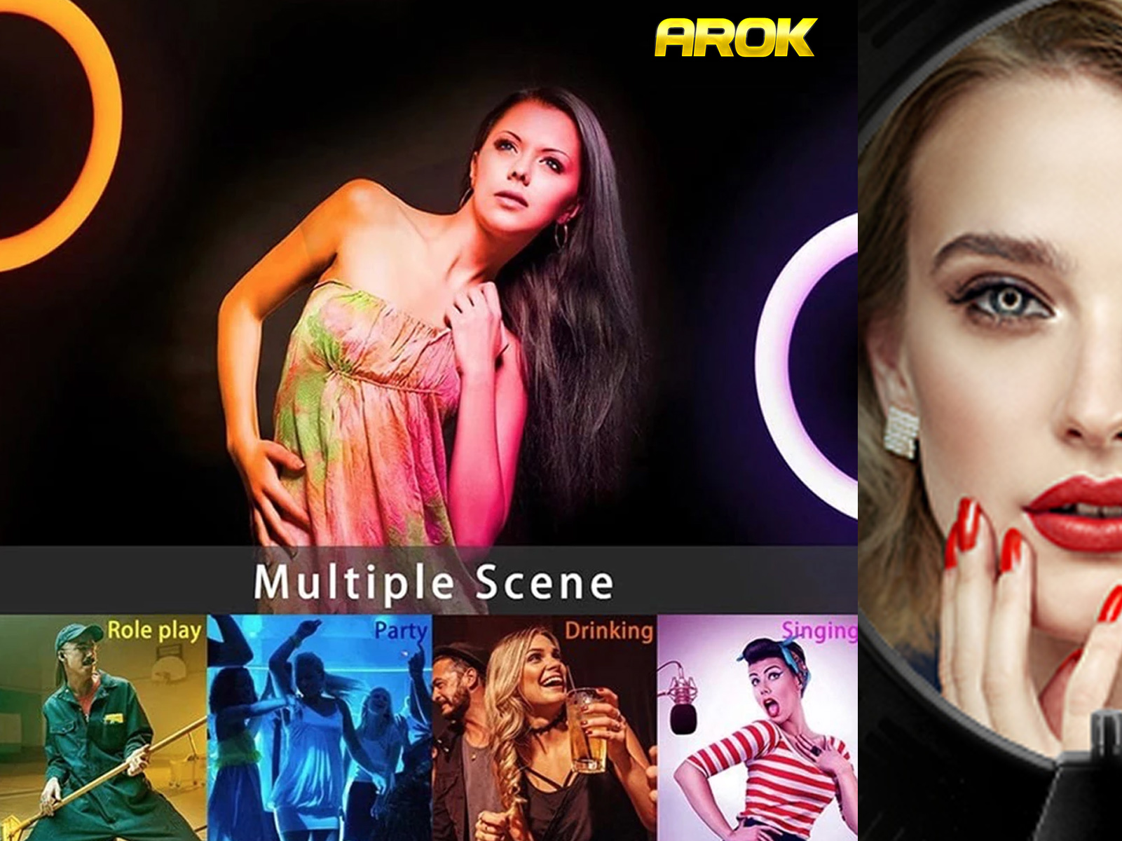 Una mujer posa con una luz de anillo, con escenas de juego de roles, fiesta, beber y cantar.