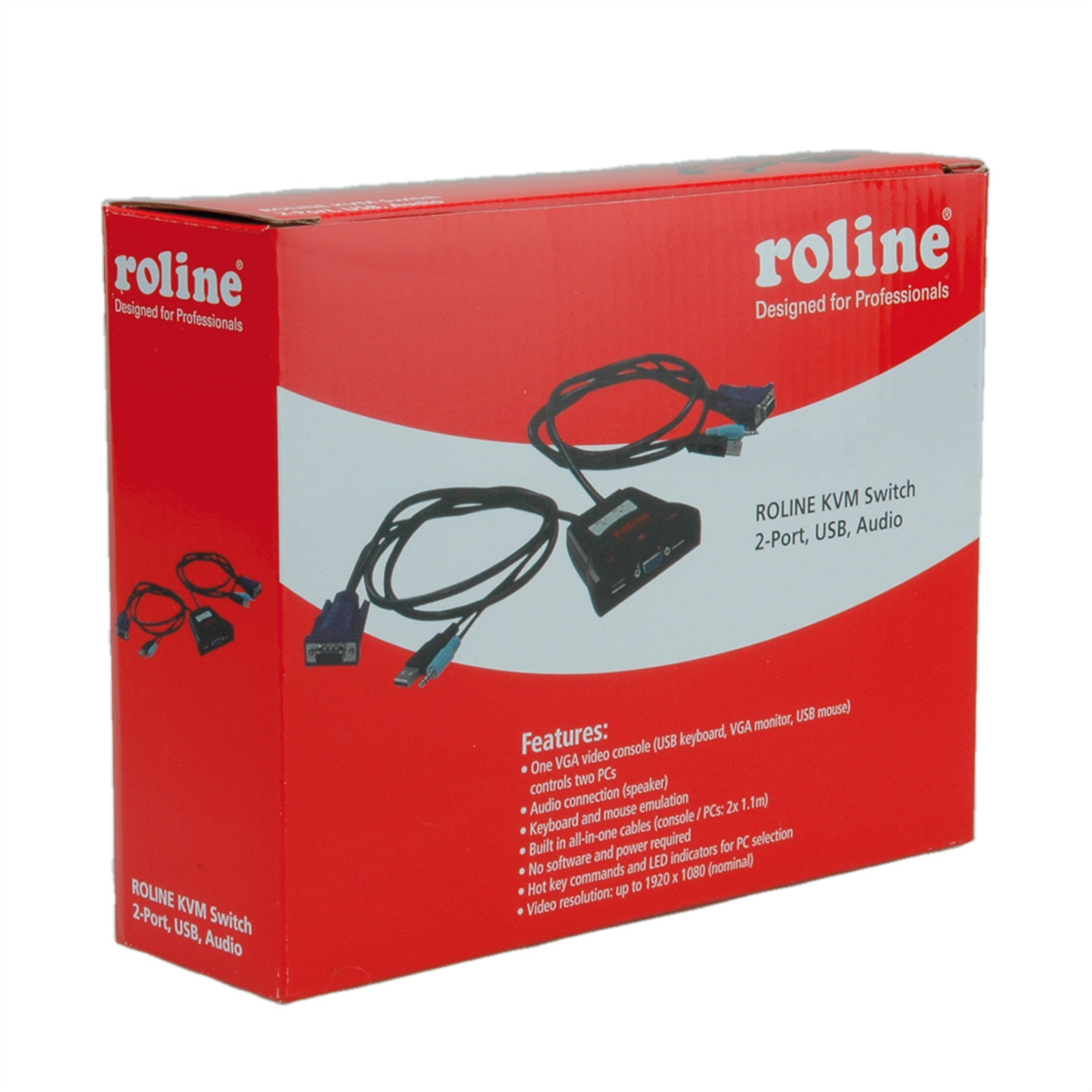 Rote Box mit einem KVM-Switch, Kabeln und aufgelisteten Funktionen. Der Markenname ist Roline.