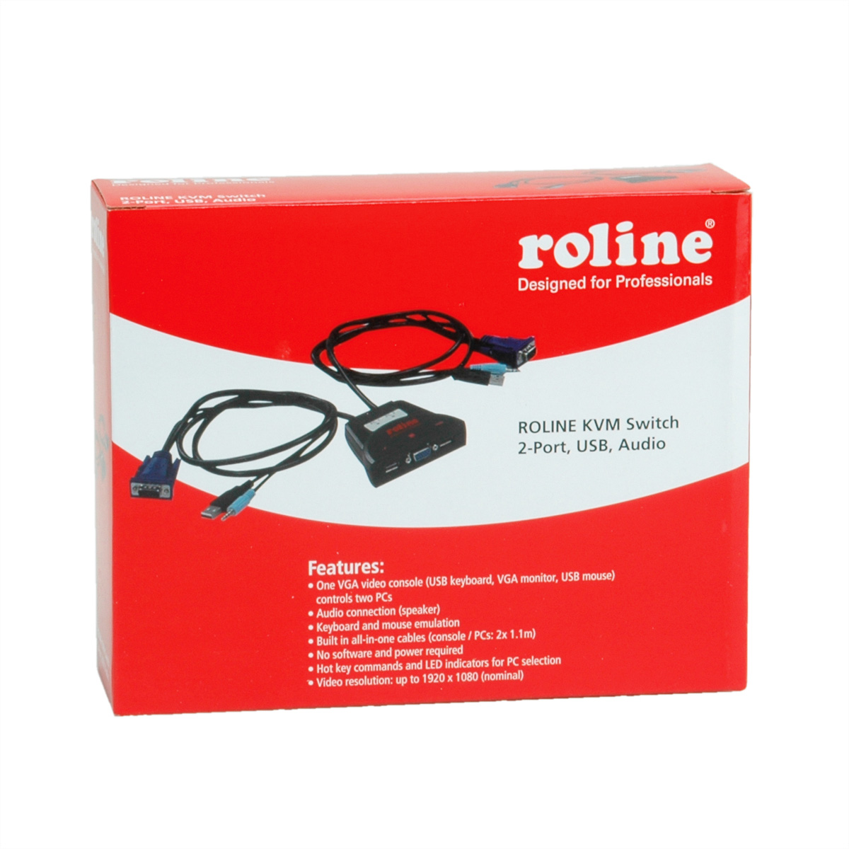 Eine rote Box mit einem KVM-Switch, Kabeln und Funktionsbeschreibung, entworfen für Profis.